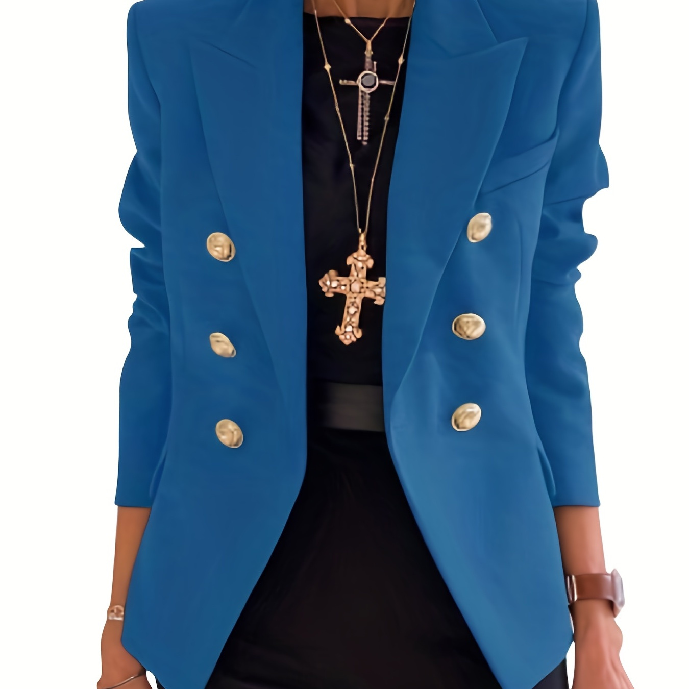 Lapel Double Breasted Blazer, Elegant Long Sleeve Solid Open Front Work Office Outerwear, Women's Clothing