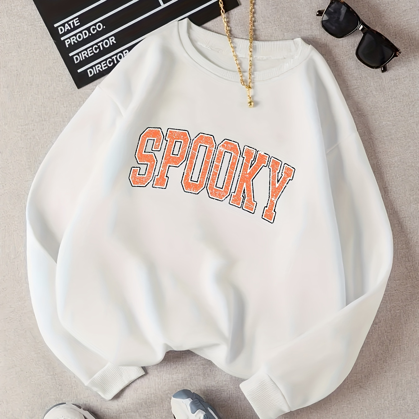 

Halloween Spooky Print Sweatshirt, Casual Long Sleeve Crew Neck Sweatshirt, Women's Clothing