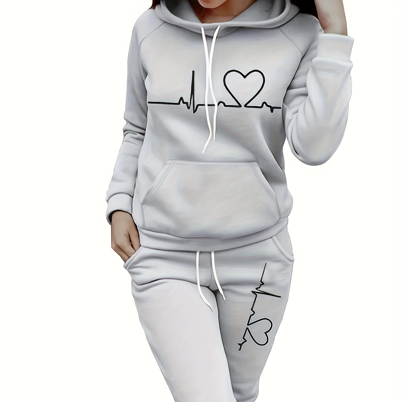 

Heart Print Two-piece Pants Set, Casual Long Sleeve Kangaroo Pocket Drawstring Hoodie & Jogger Pants Outfits For Fall & Winter, Women's Clothing