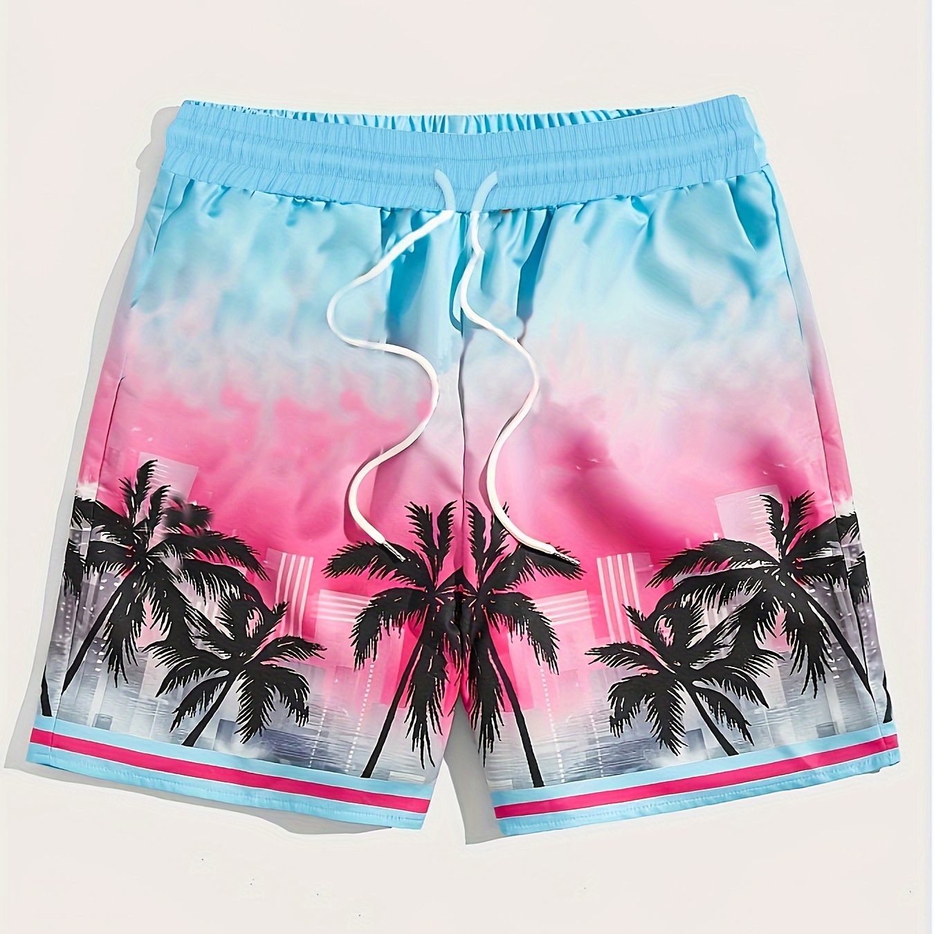 

Men's Hawaiian Style City View And Coconut Tree Print Board Shorts With Drawstring And Pockets, Summer Fashion For Holiday, Beach And Pool Wear