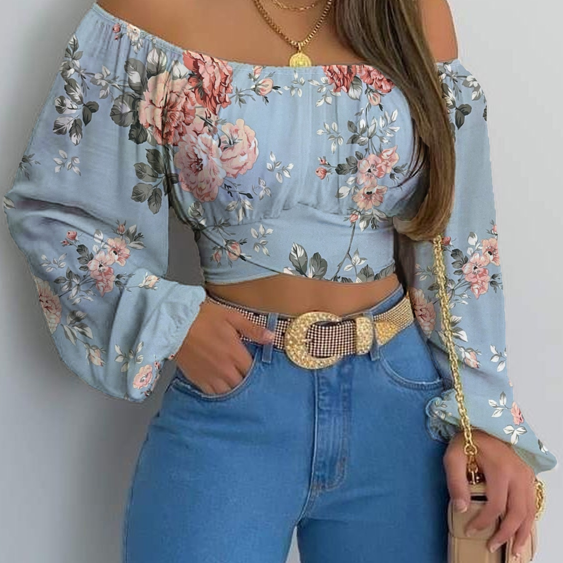 

Flora Print Off Shoulder Crop Blouse, Elegant Tie Back Lantern Sleeve Blouse For Spring & Fall, Women's Clothing