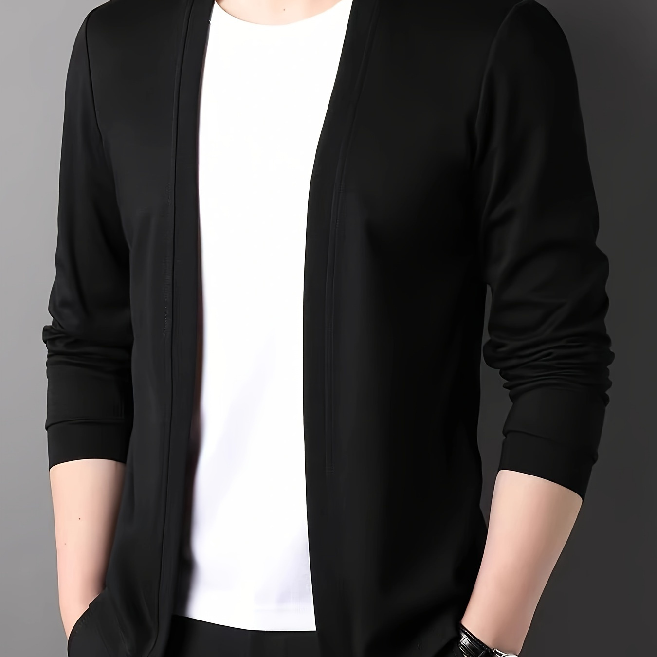 

Men's Solid Knitted Cardigan, Casual Breathable Long Sleeve Slim-fit Open Front Sweater For Outdoor Activities
