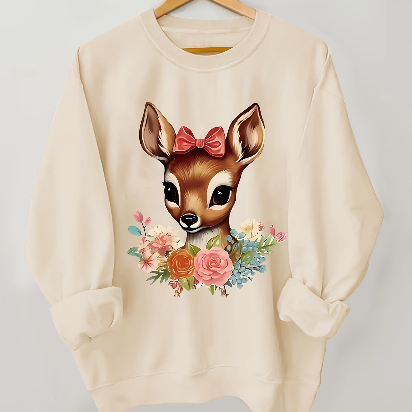 

Cute Deer Graphic Print Crew Neck Sweatshirt For Women, 100% Polyester Casual Long Sleeve Pullover, Cartoon Style, Knit Fabric Top For All Seasons