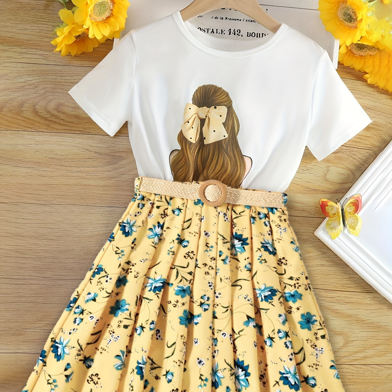 

Casual Girl's Set Bow Portrait Short Sleeve Top + Floral Pleated Skirt Holiday Leisure Summer Outfits