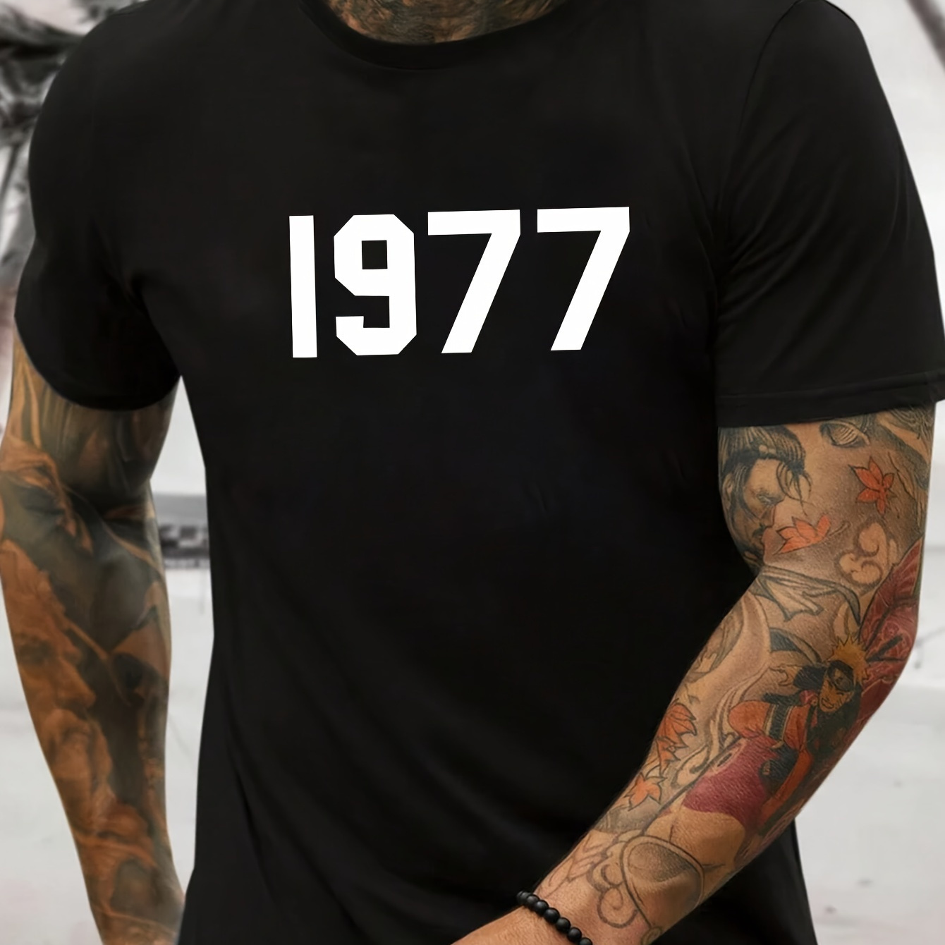 

Crew Neck 1977 Print Men's Fashionable Summer Short Sleeve Sports T-shirt, Comfortable And Versatile