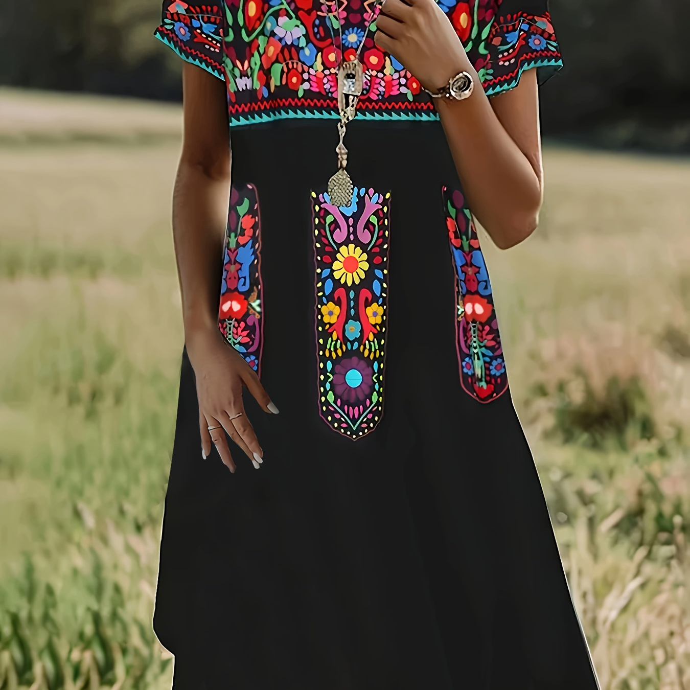 

Ethnic Print Crew Neck Dress, Vintage Short Sleeve Dress For Spring & Summer, Women's Clothing