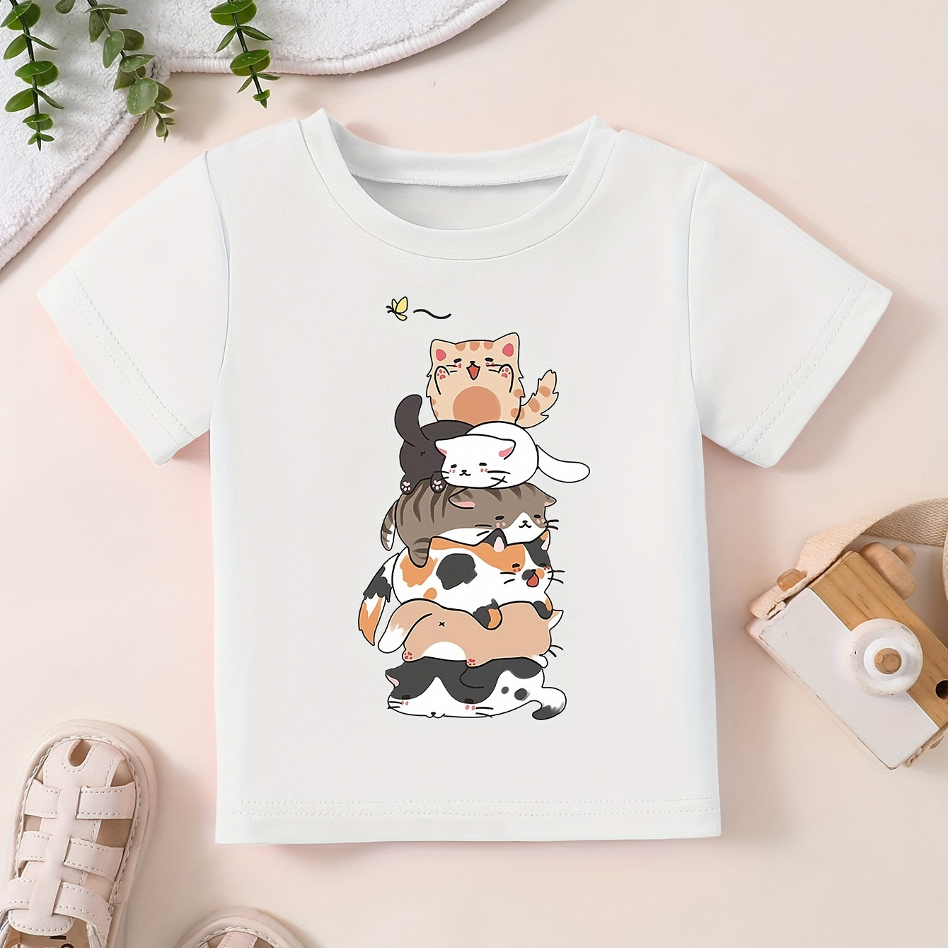 

Cute Cartoon Cat Print Cotton Tee Tops, Boys Round Neck Casual Short Sleeve Comfortable Soft Premium T-shirt