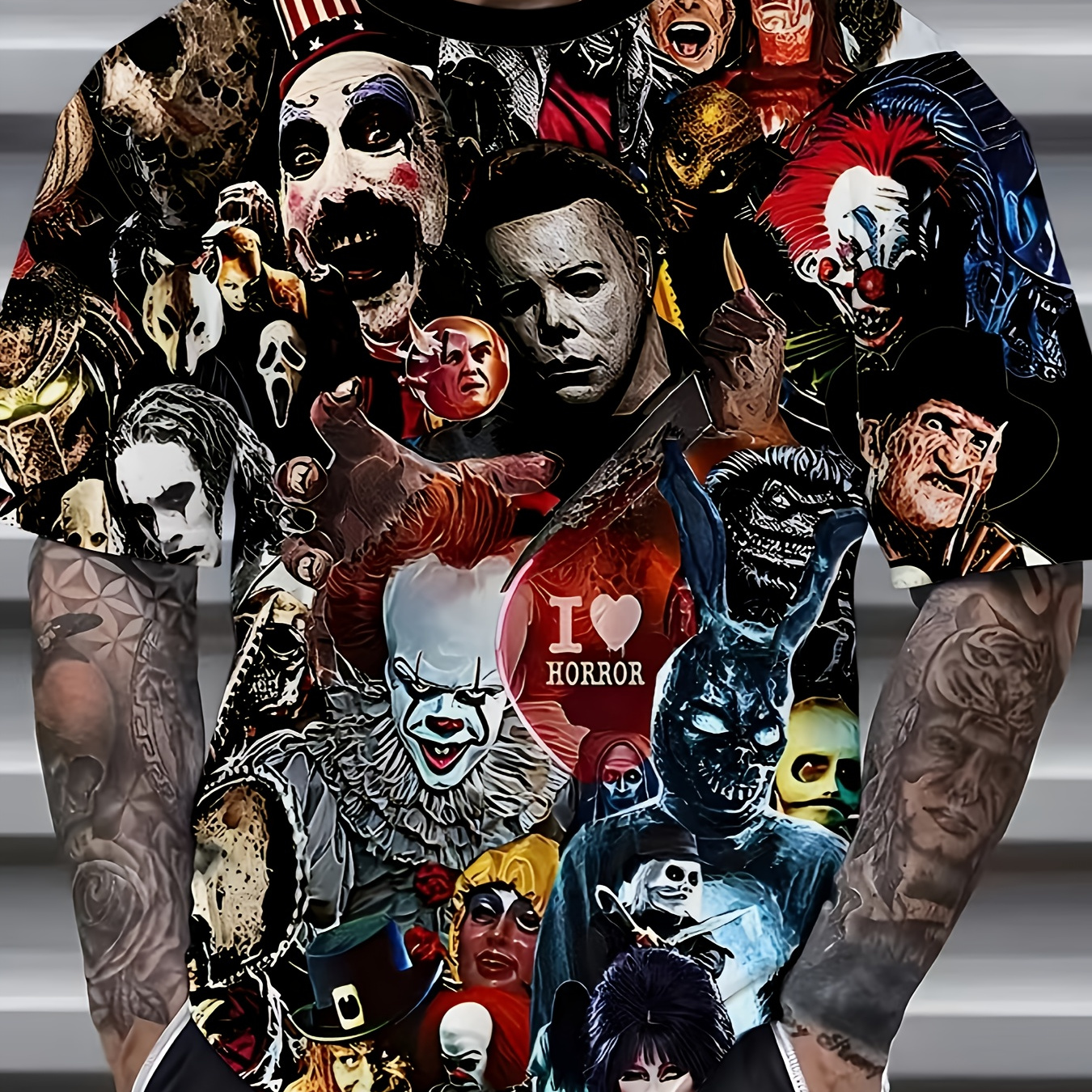 

Vintage Horror-themed Men's T-shirt, Polyester 95% Spandex 5% Knit Fabric, Crew Neck, Casual Slight Stretch, Summer With , Plus Size