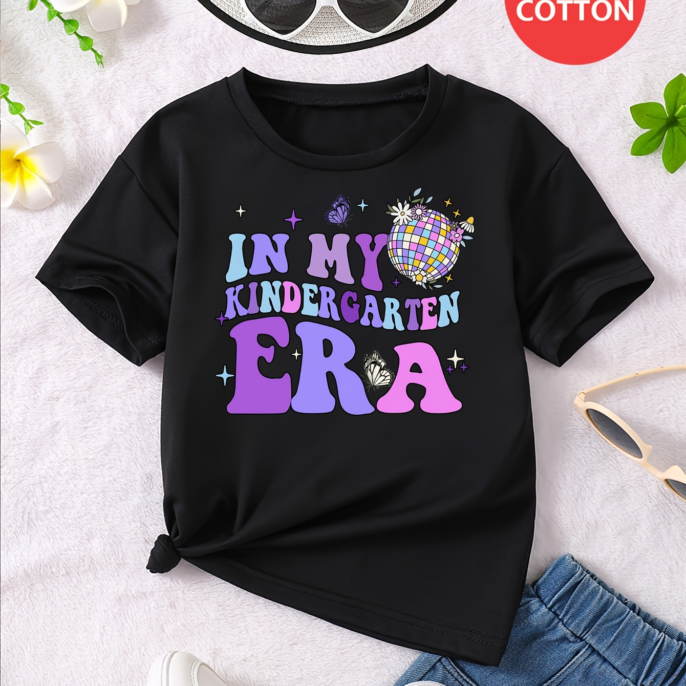 

'in My Kindergarten Era' Graphic Print Creative T-shirts, Soft & Elastic Comfy Crew Neck Short Sleeve Tee, Girls' Summer Tops