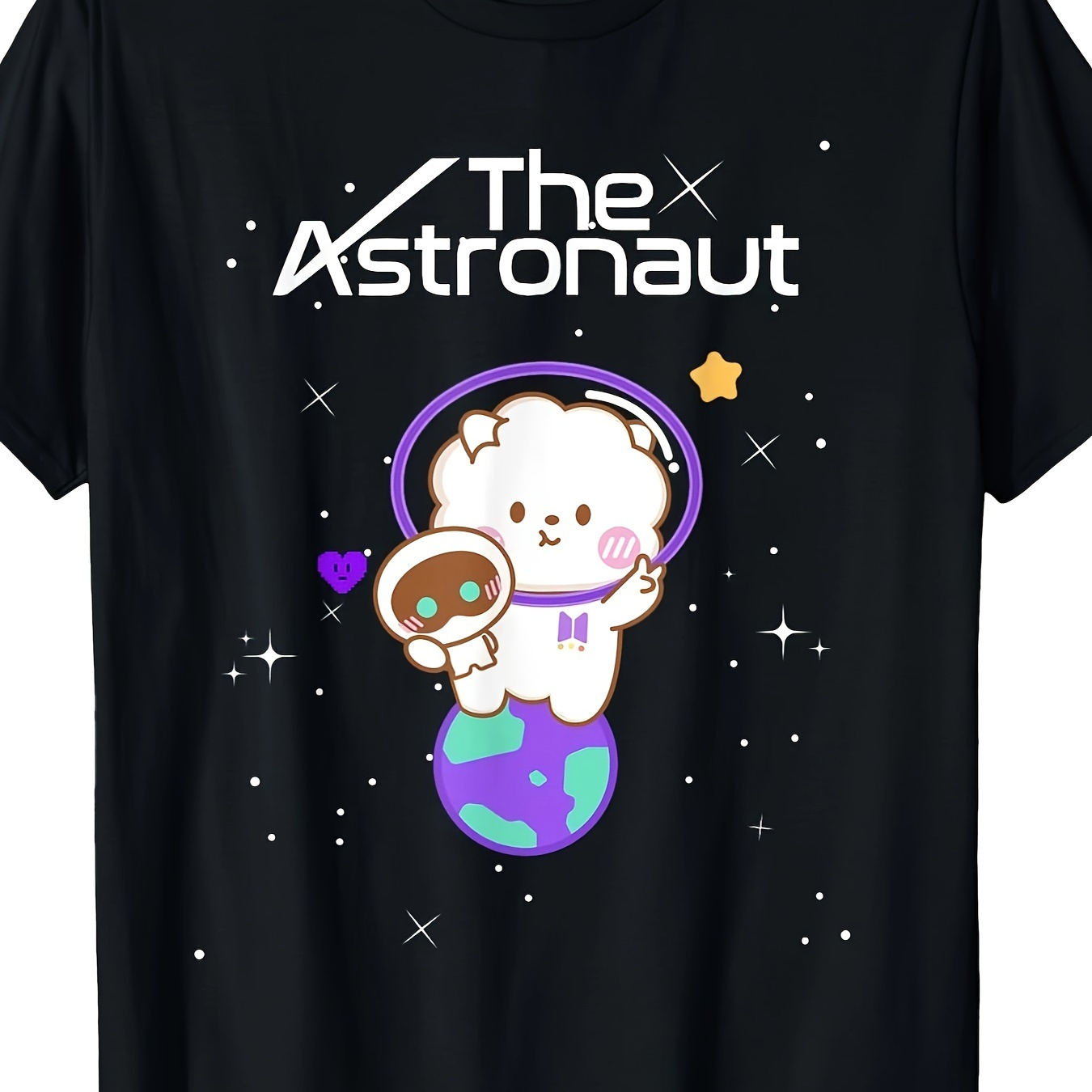 

[ Fabric] Funny Jin Wootteo "" Men's T-shirt - 100% Cotton, Short Sleeve, Round Neck, Machine Washable, Black With Space-themed Graphics, Casual & Comfortable For All