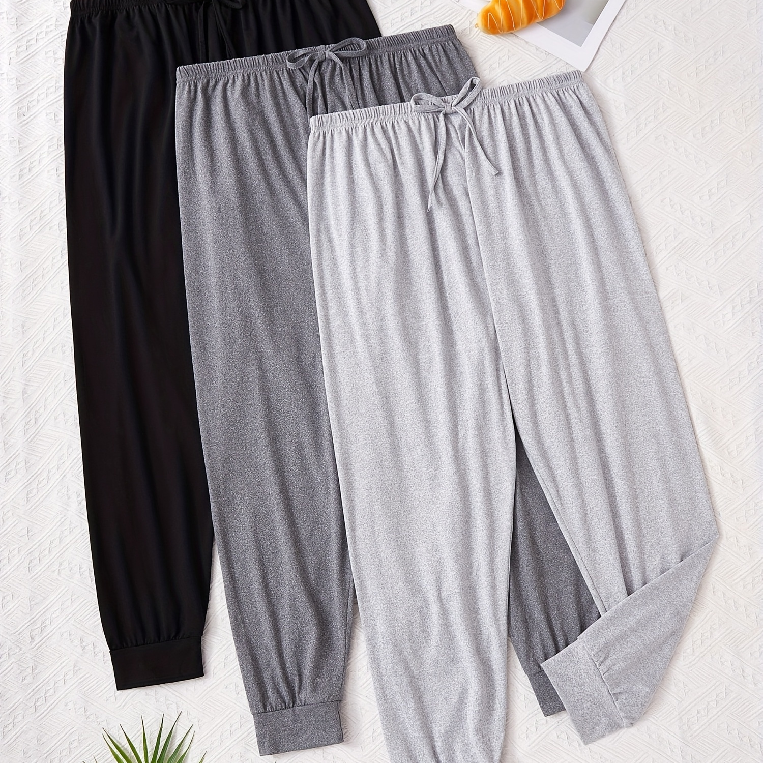 

3pcs Plus Size Women' Color Drawstring Pants, Casual Lash Sets, Polyester Knit Fabric With Slight Stretch, For Lounge & Sleepwear, Suitable For Adults