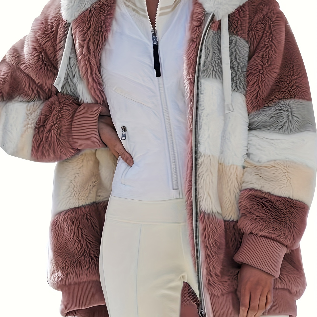 

Plus Size Elegant Coat, Women's Plus Colorblock Fuzzy Fleece Long Sleeve Hooded Drawstring Zip Up Overcoat