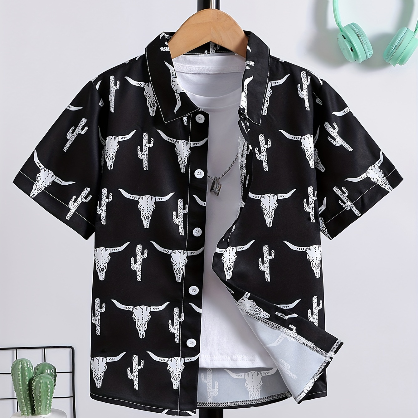 

Boy's Cowboy Theme Pattern Creative Shirt, Short Sleeve Front Button Comfortable Loose Comfy Summer Holiday Shirt