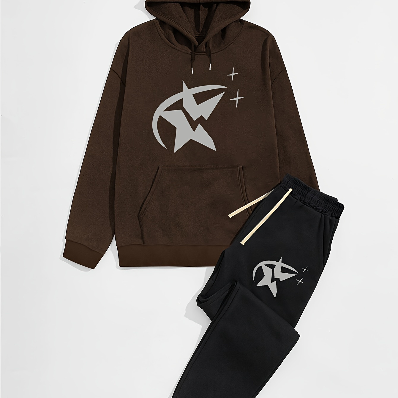 

Casual 2pcs Set, Men's Star Pattern Hoodie & Drawstring Sweatpants Matching Set For Fall Winter