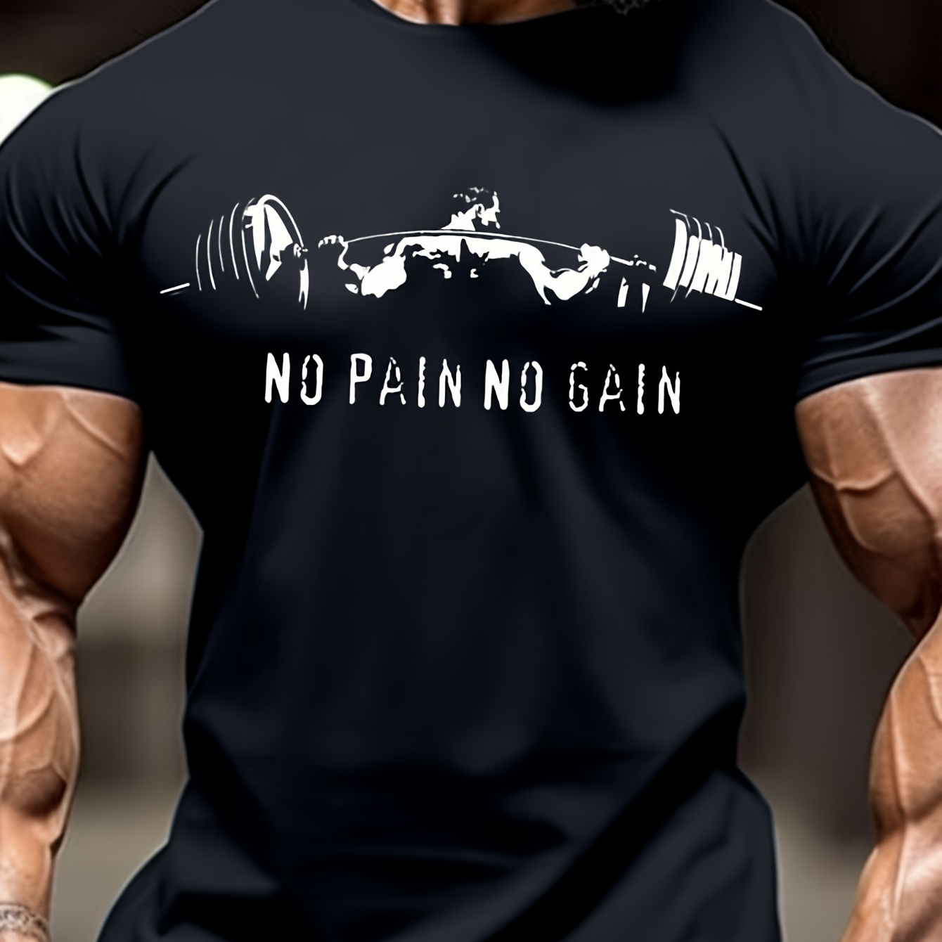 

No Pain No Gain Letter And Weight Lifting Man Illustration Print Men's Short Sleeve Crew Neck T-shirt, Summer Top For Daily Outerwear