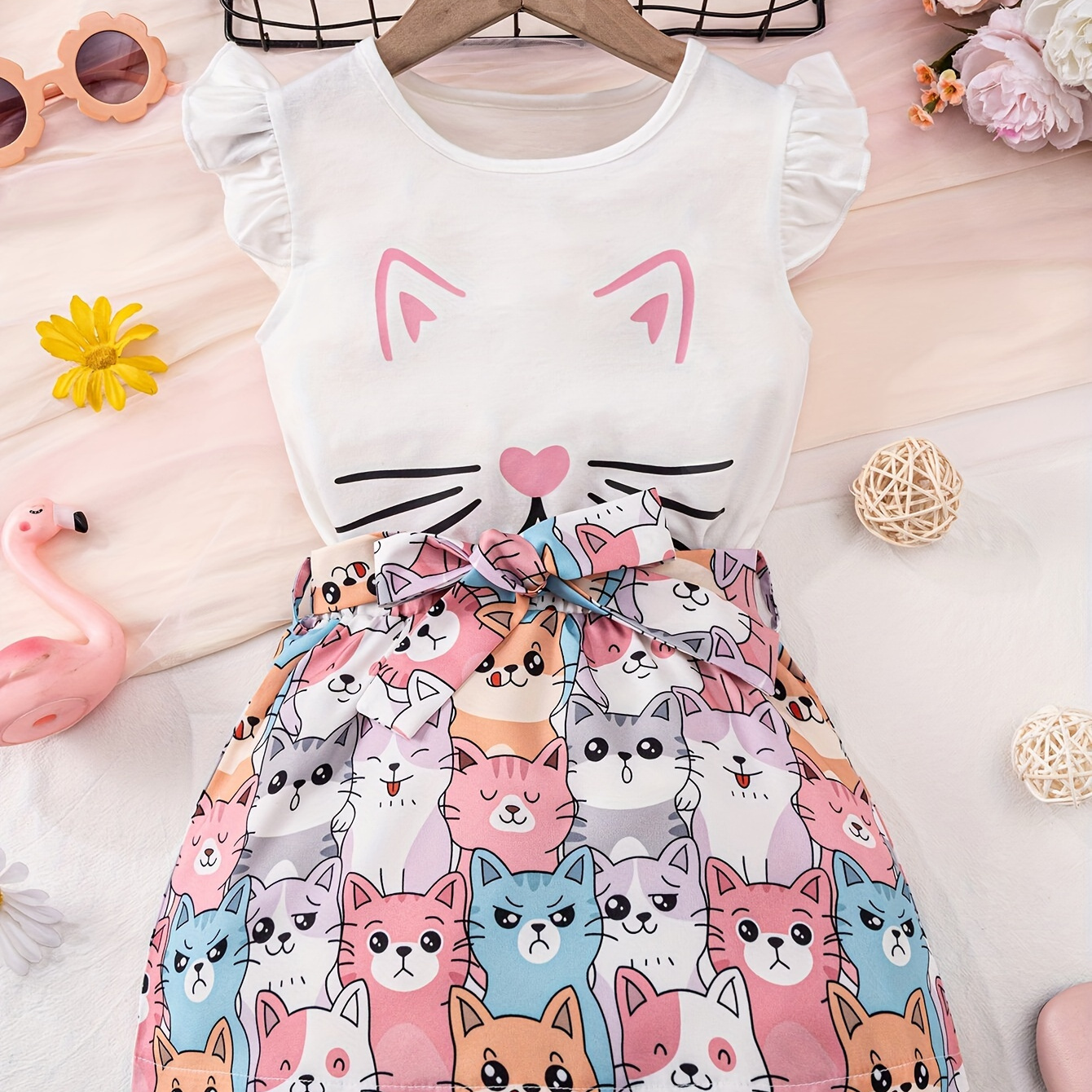 

Girl's 2pcs Outfit Kitty Face Graphic Frill T-shirt Top + Cats Full Print Skirt Holiday Casual Set Summer Clothes Gift