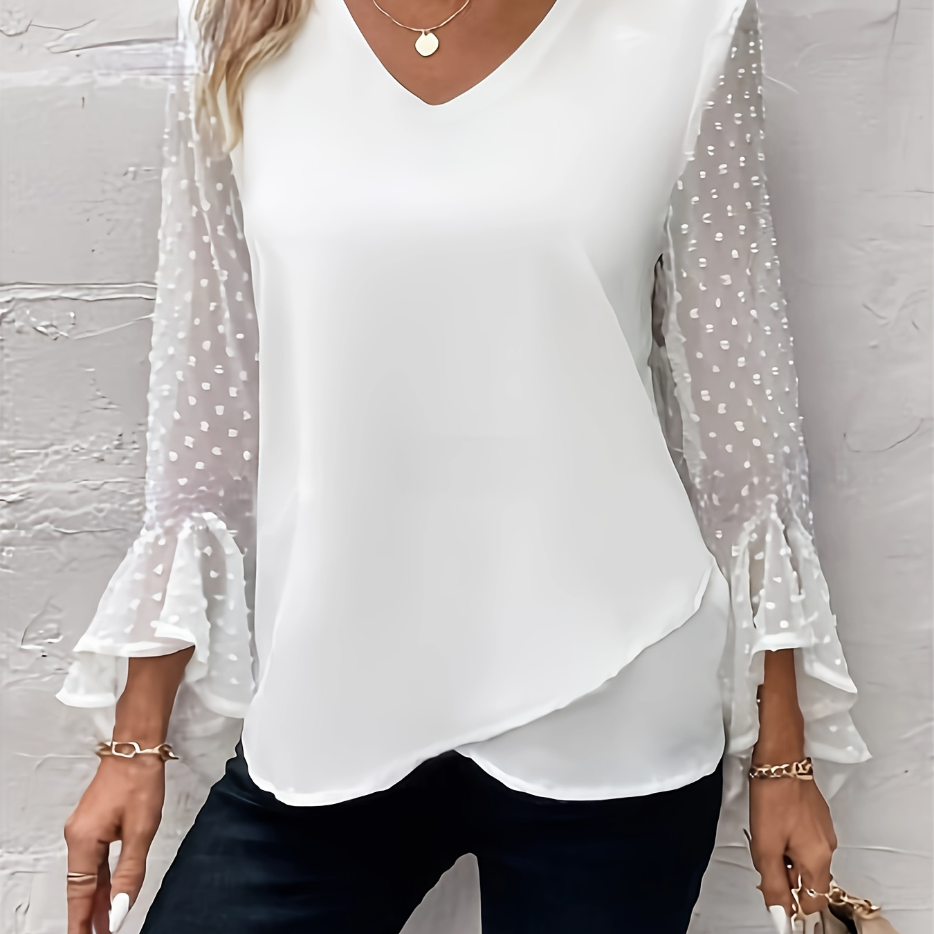 

Swiss Dot Mesh Splicing Blouse, Elegant V-neck Flare Sleeve Blouse For Spring & Fall, Women's Clothing