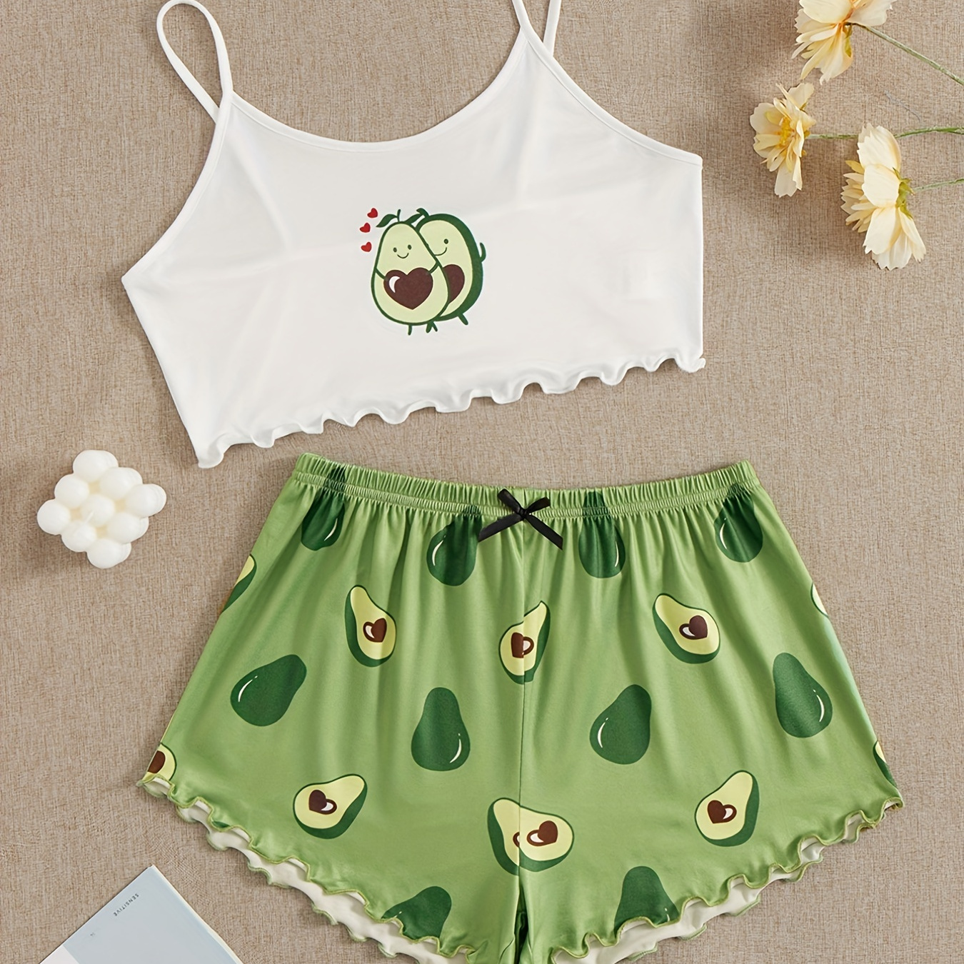 

Avocado Print Pajama Set, Lettuce Trim Cami Top & Elastic Waistband Shorts, Women's Sleepwear & Loungewear