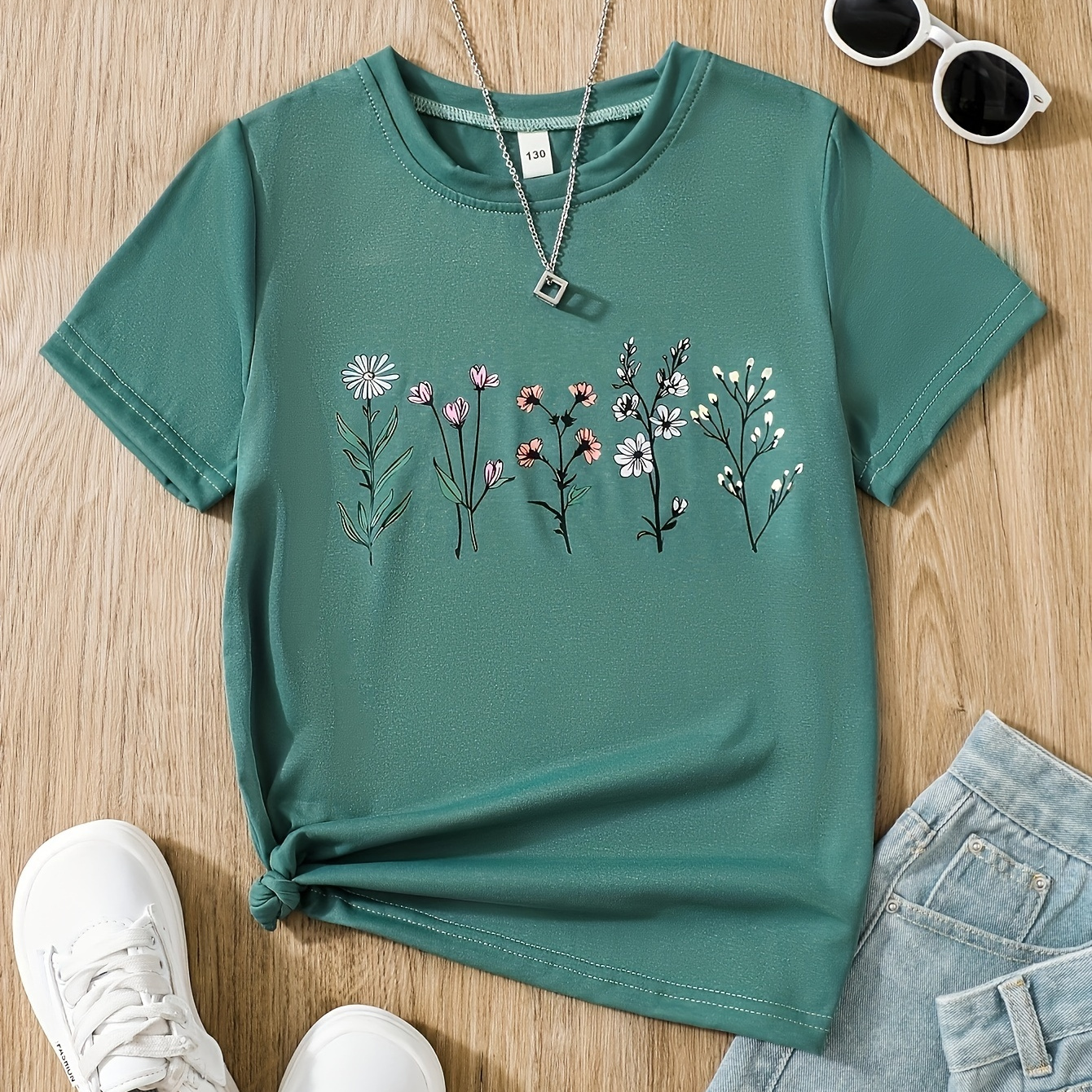 

Knit Floral Graphic Short Sleeve Crew Neck T-shirt For Girls, Casual And Comfy Summer Tee Top Simple Daily Wear