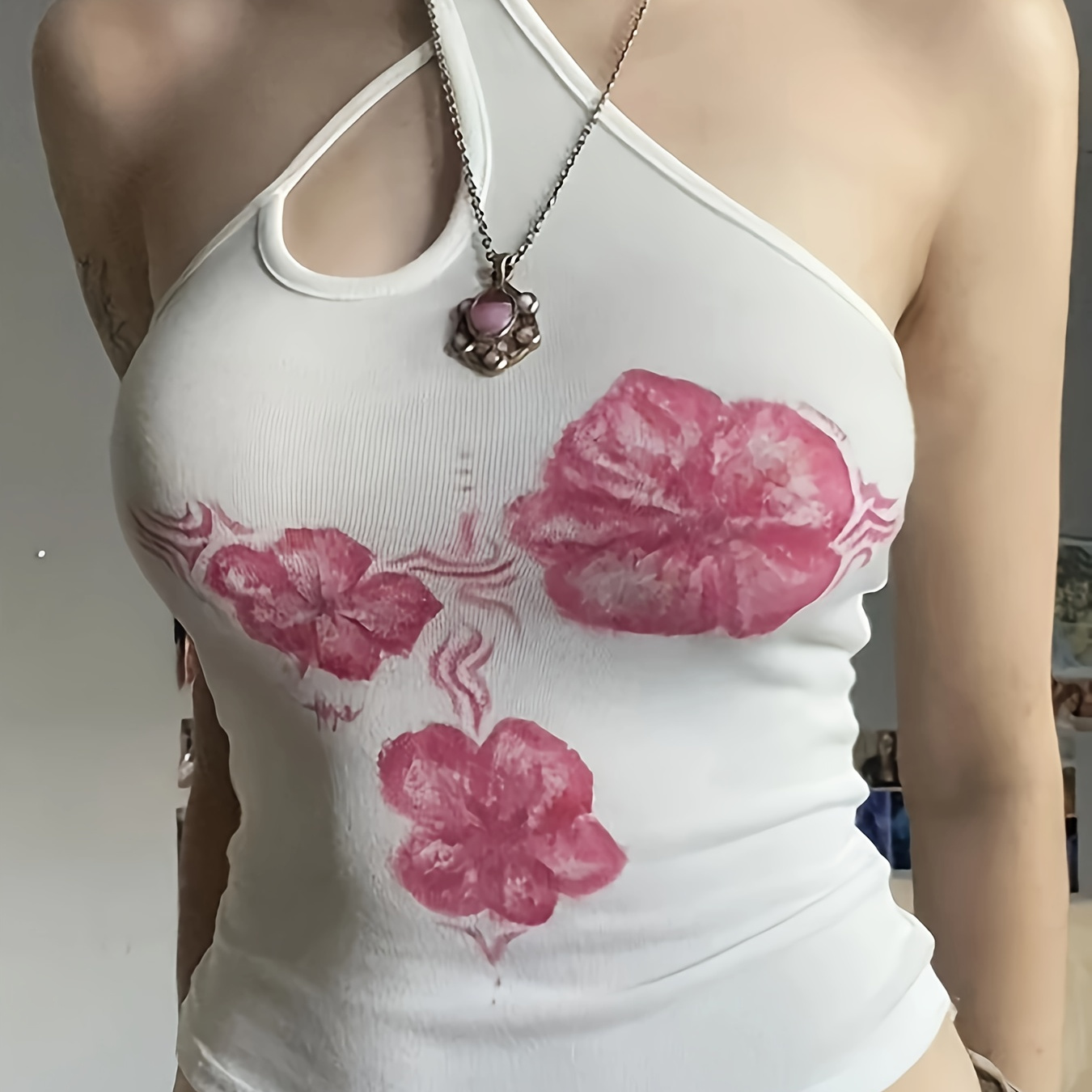 

1pc Y2k Style Women' Halter Neck Tank Top, Floral Print, Polyester Knit Fabric, Regular Length, No Padding - All Casual Wear