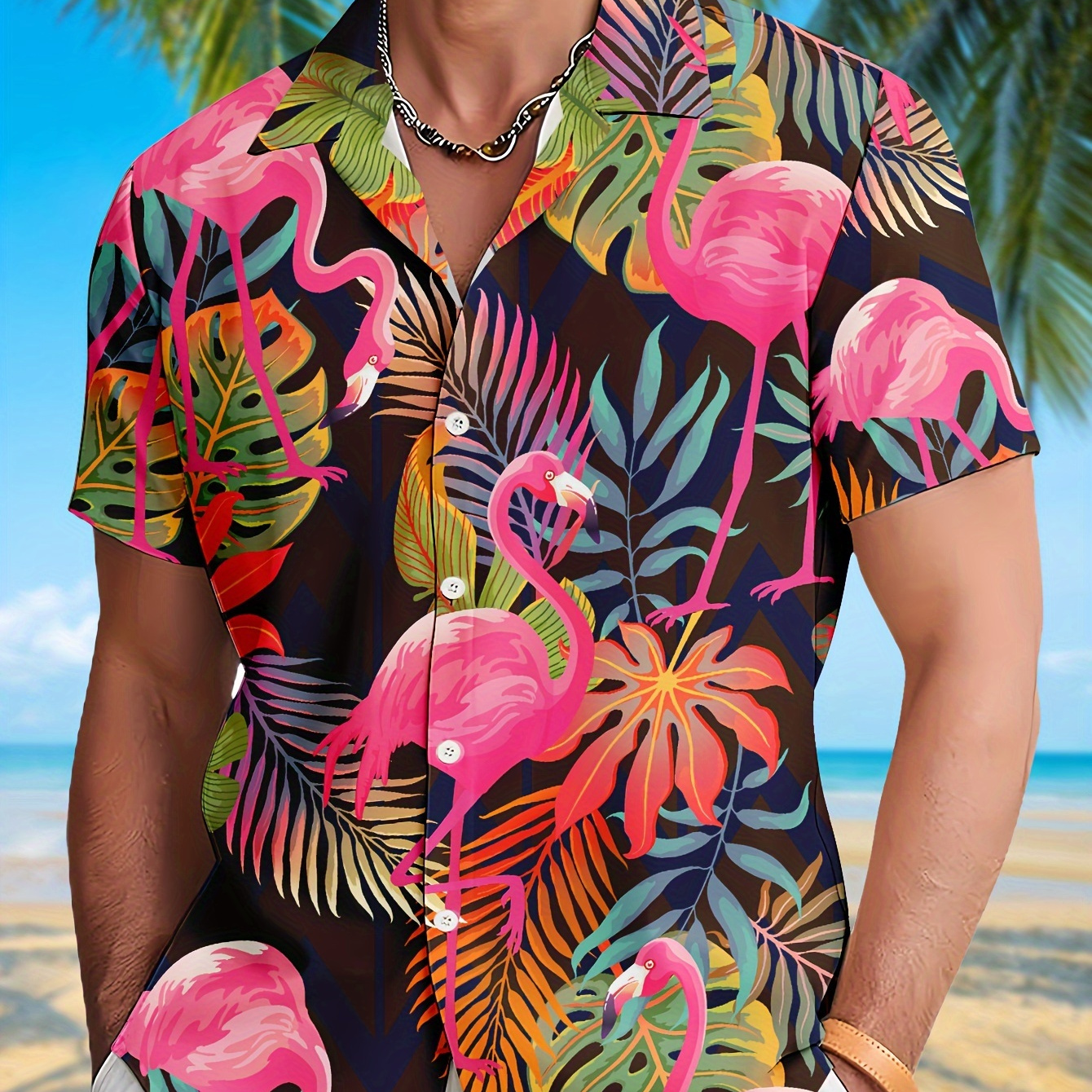 

Men's Short Sleeve Button-up Shirt With Fancy Floral And Flamingo Print, Casual Summer Hawaiian Style, Daily Vacation Beachwear For Men