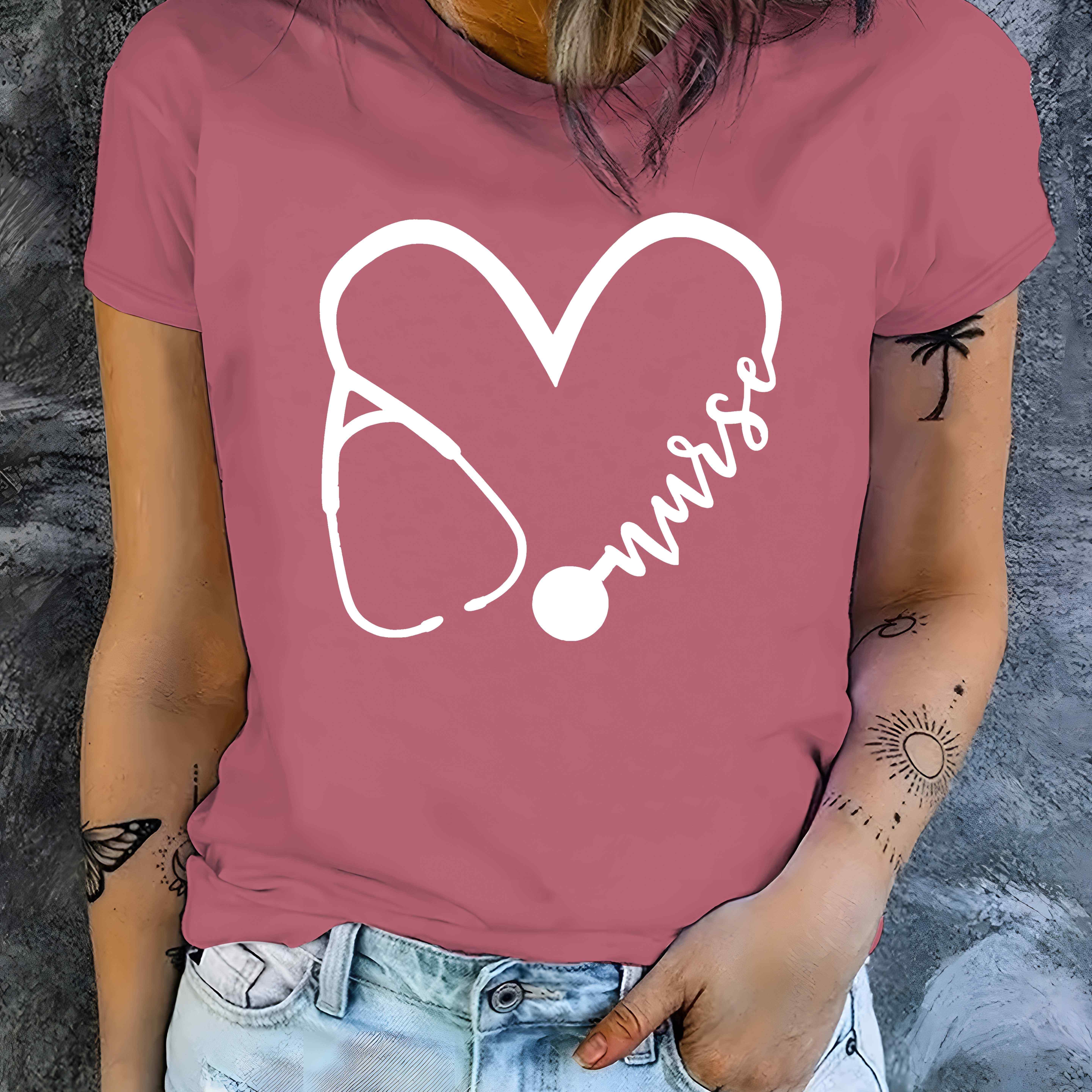 

Women's Casual With Heart-shaped Stethoscope Print - Polyester And Elastane , Round Neck, Short Sleeve, Machine Washable, |nurse Themed Tee|machine Washable Shirt, Nurse Shirt