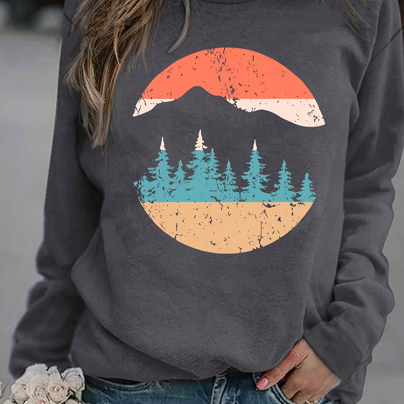 

Women's Casual Crew Neck Sweatshirt With Sunrise Landscape Print, 100% Polyester Knit Fabric, Long Sleeve Pullover For Fall/winter