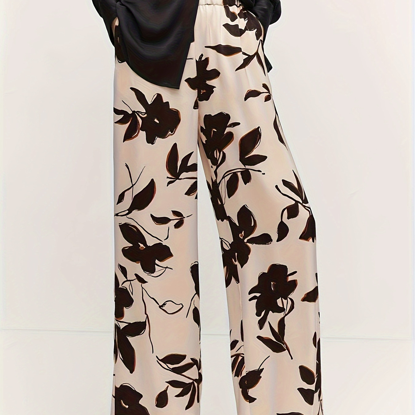 

Plus Size Floral Print Wide Leg Pants, Elegant Paperbag Waist Pants For Spring & Summer, Women's Plus Size Clothing