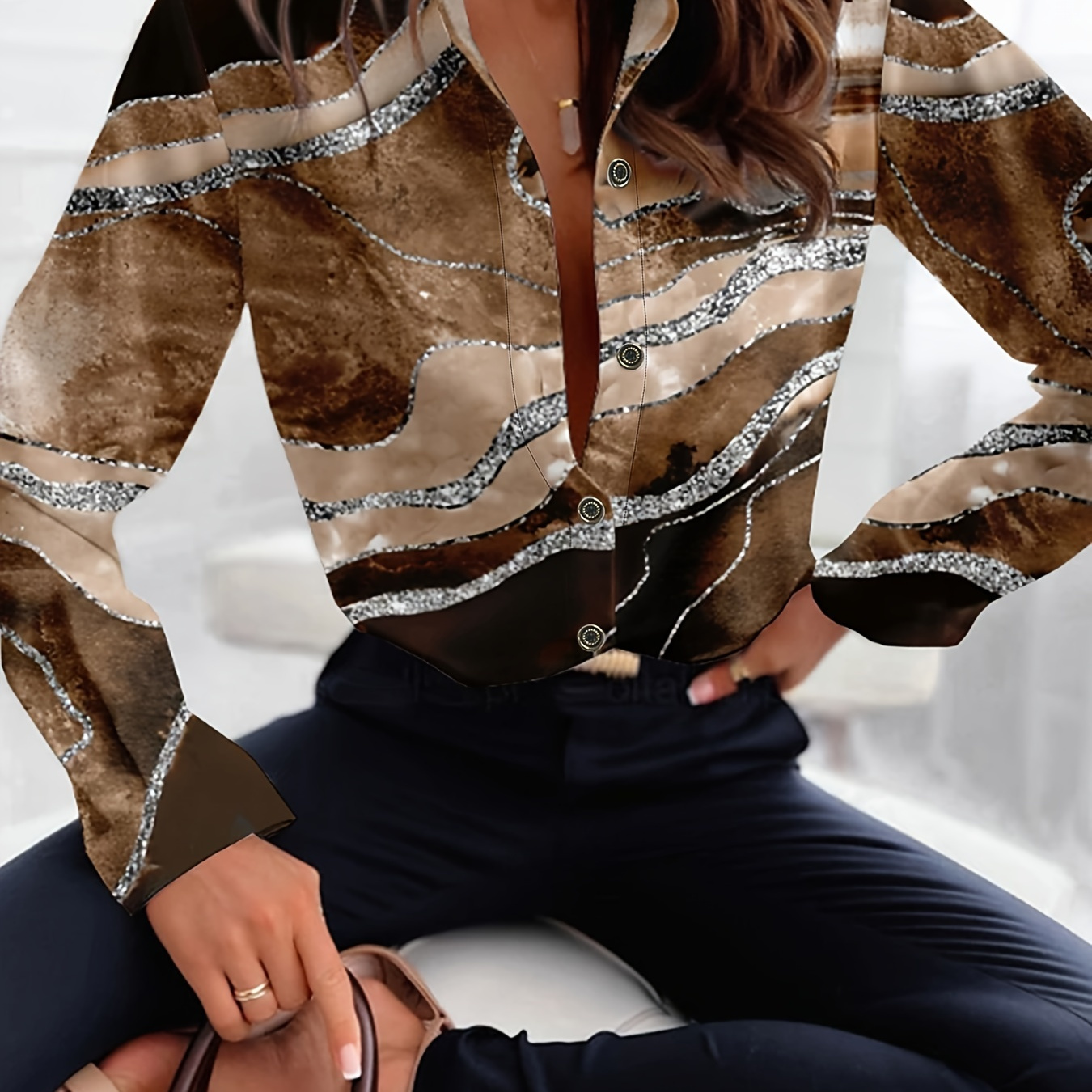 

Elegant Geometric Print Long Sleeve Blouse For Women - Polyester, Machine Washable, Non-sheer, Button-up, Style, Spring/fall - In 3 Colors