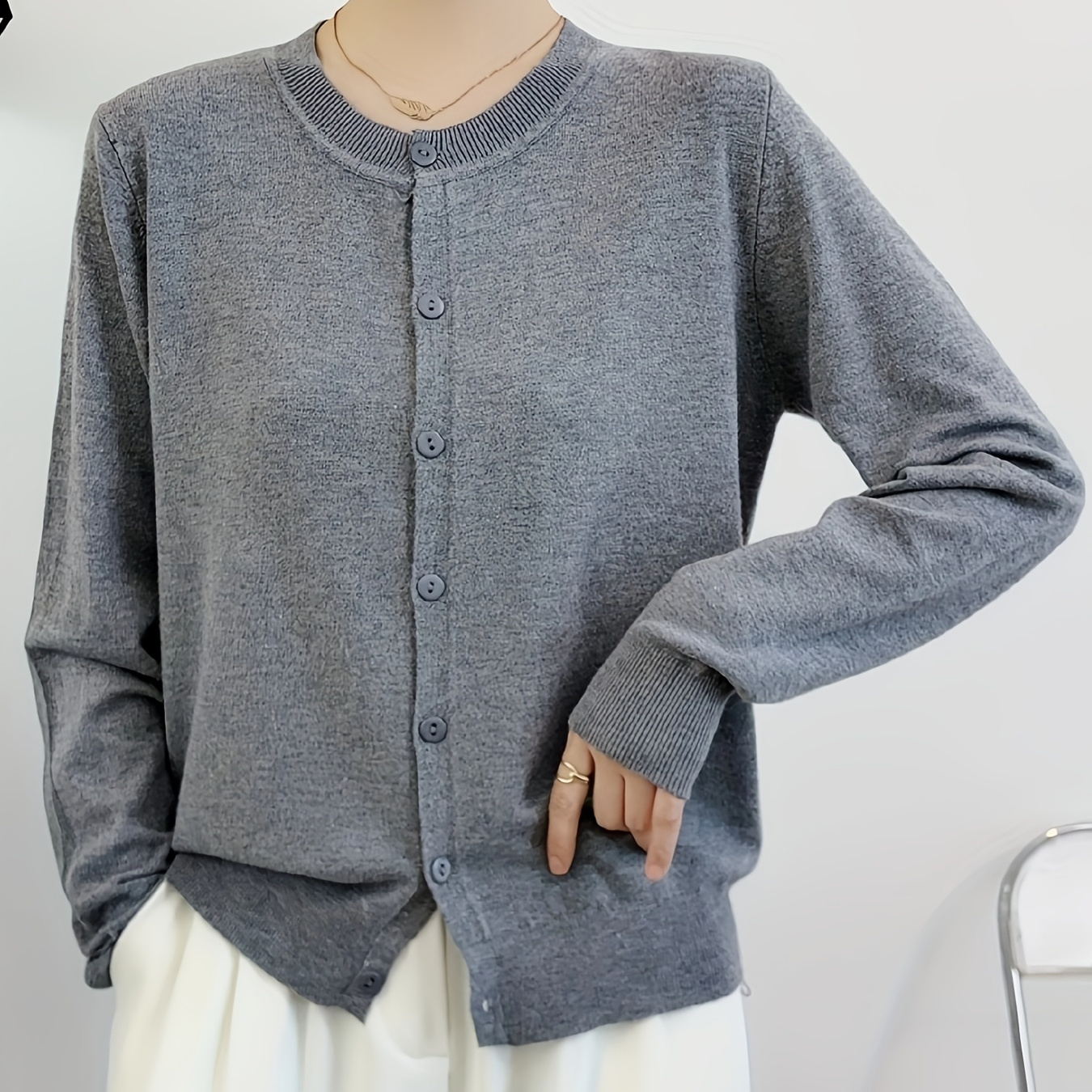 

Women's Elegant Crew Neck Cardigan Sweater, Polyester 40% Elastane 60% , Long Sleeve Solid Color Knit Fabric, Regular , 180gsm - Stretch