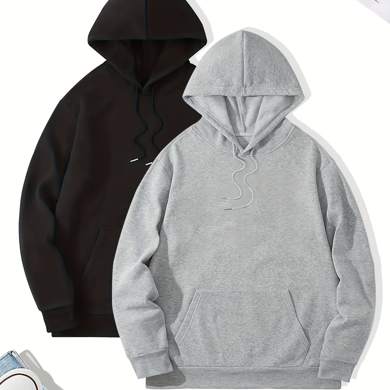 

2pcs Simple Solid Color Hoodie With Kangaroo Pocket, Men's Casual Pullover Hooded Sweatshirt