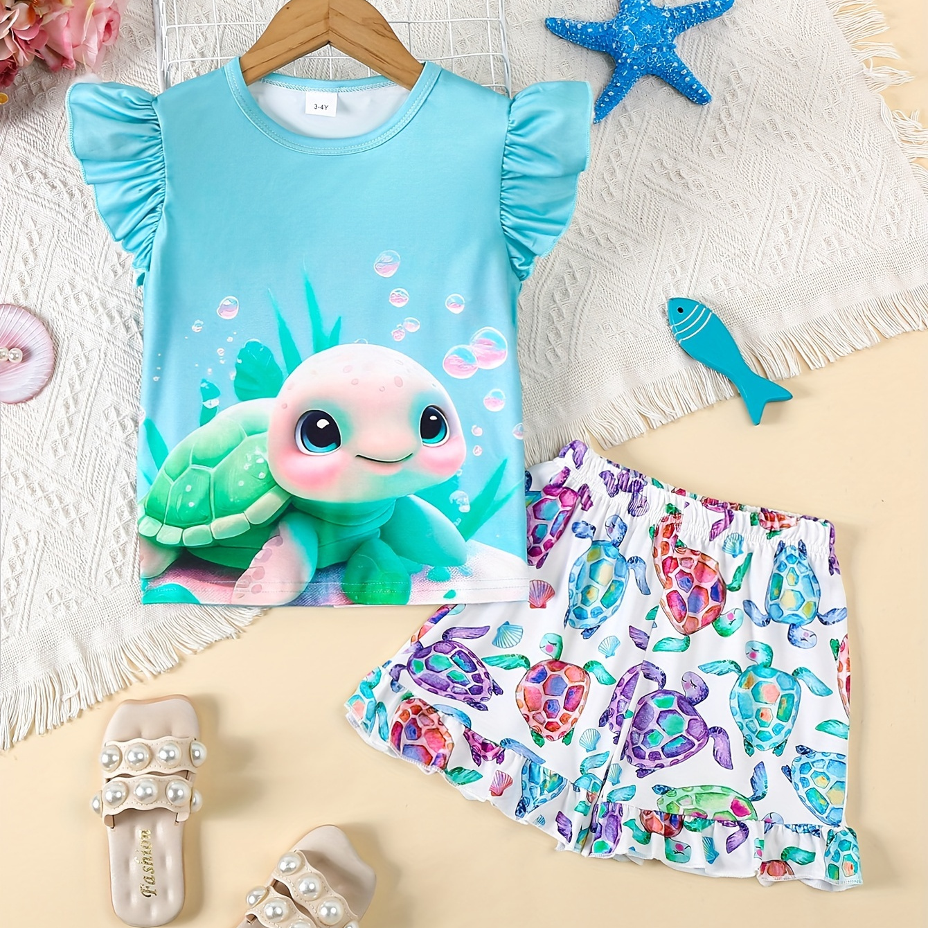 

Summer Outfits Girl's Marine Turtle Print Frill Sleeve Top + Shorts Set Holiday Casual Going Out 2pcs Clothes