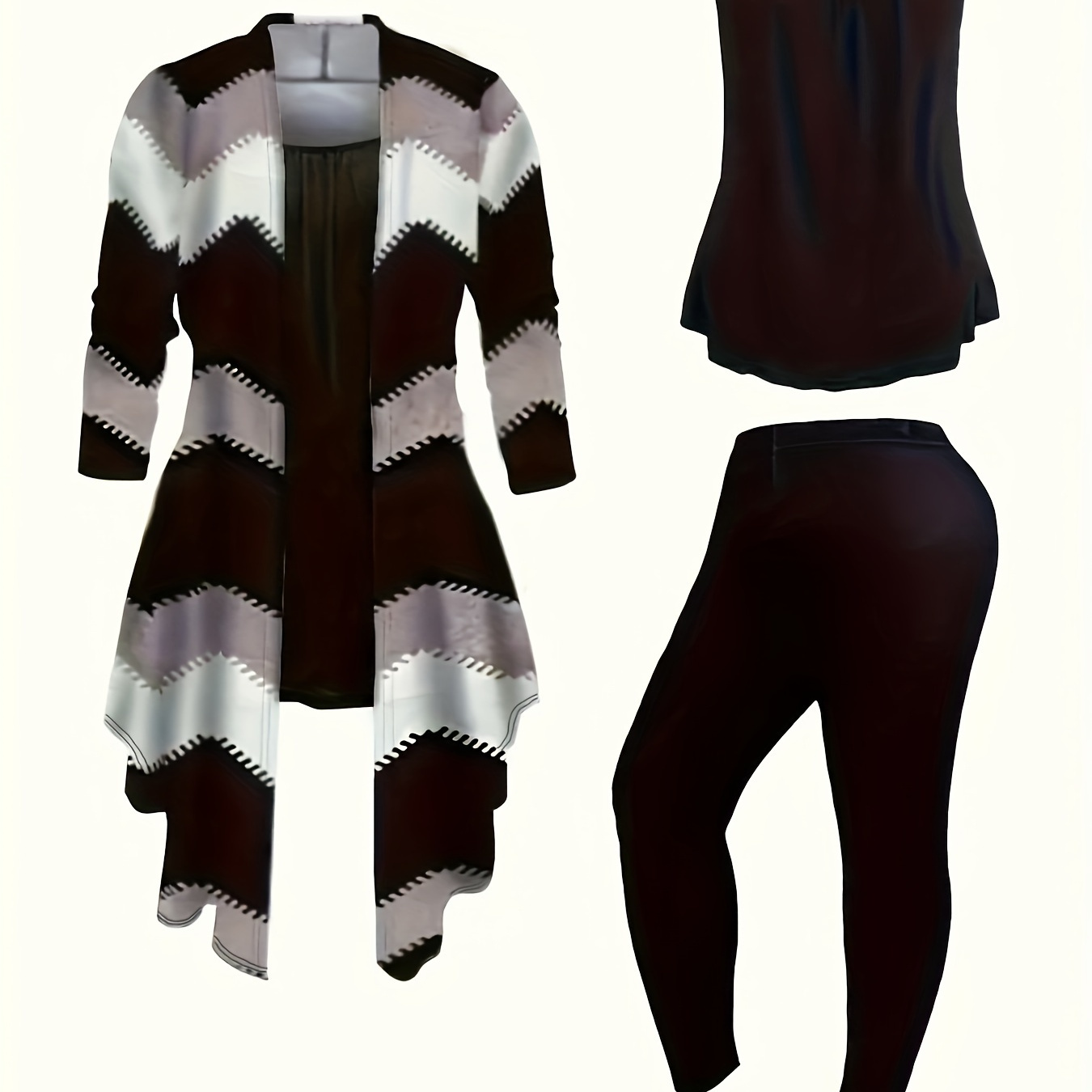 

Ensemble décontracté trois pièces, haut cami moulant sans manches à col rond, leggings skinny simples et cardigan ouvert à motif chevron, vêtements pour femmes.