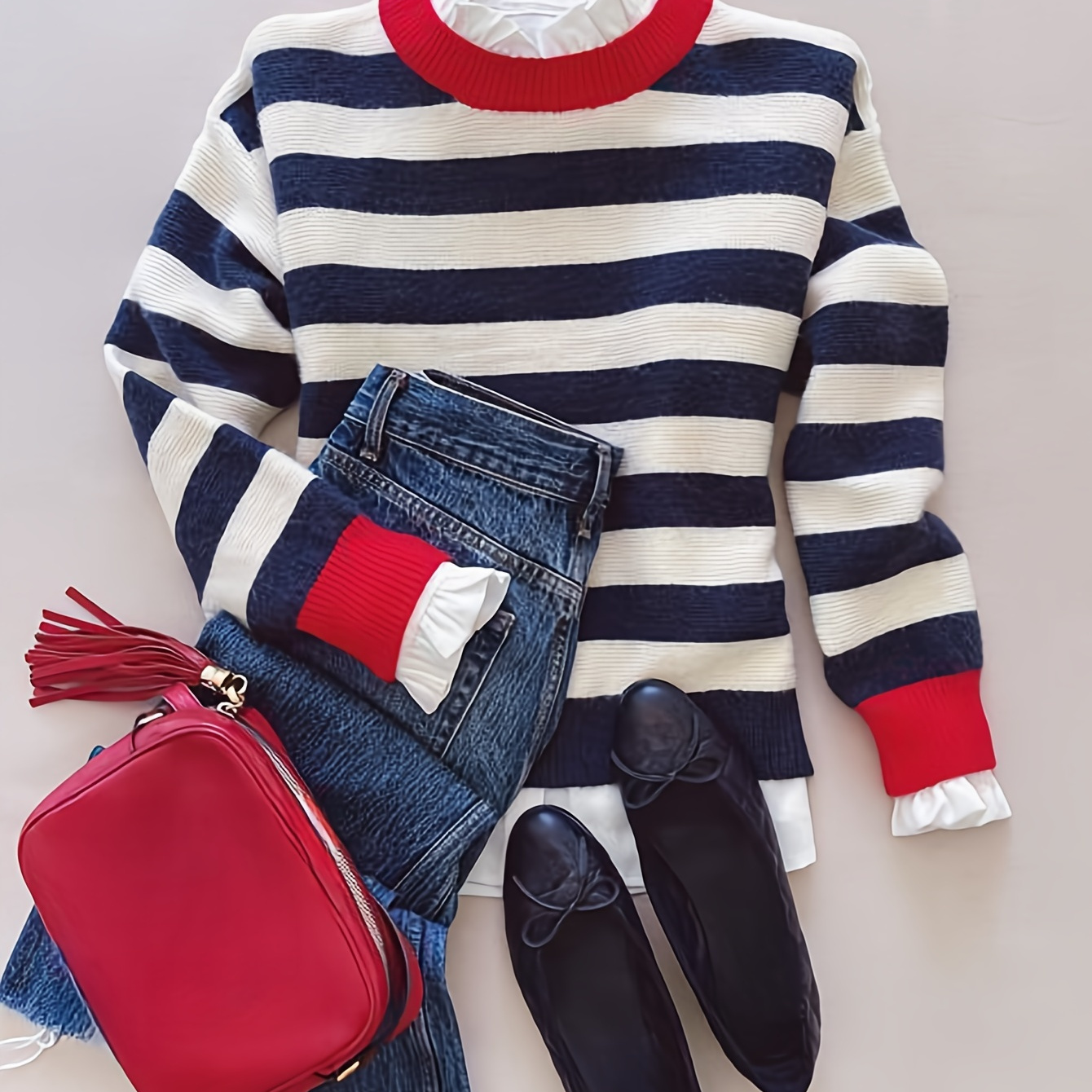 

Valentine's Day Autumn And Winter Casual Striped Drop-shoulder Sweater, Round-neck Knitted Pullover, A Stylish Addition To Women's Wardrobes.