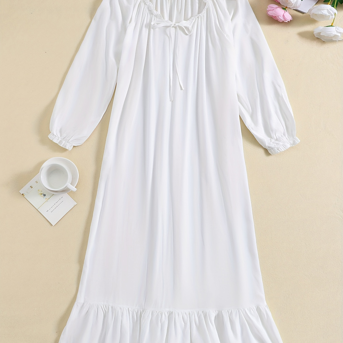 

Solid Ruffle Nightdress, Long Sleeve Lettuce Trim Pajama Dress, Women's Sleepwear & Dresses