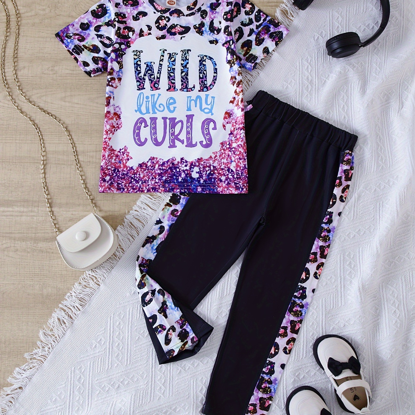 

Girls 2pcs Wild Like My Curls Print Outfits, Versatile Leopard Print Top + Pants Set For Spring Summer Party Gift Outdoor