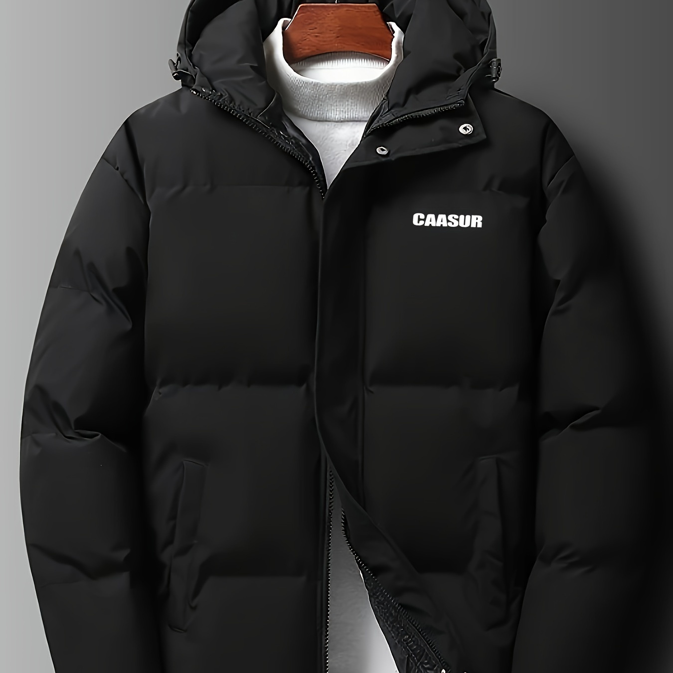 

Men's Hooded Alphabet Print "caasur" Long Sleeve And Zipper With Fleece And Dual Front Pockets, Chic And Trendy Jackets For Autumn And Winter Outdoors Wear