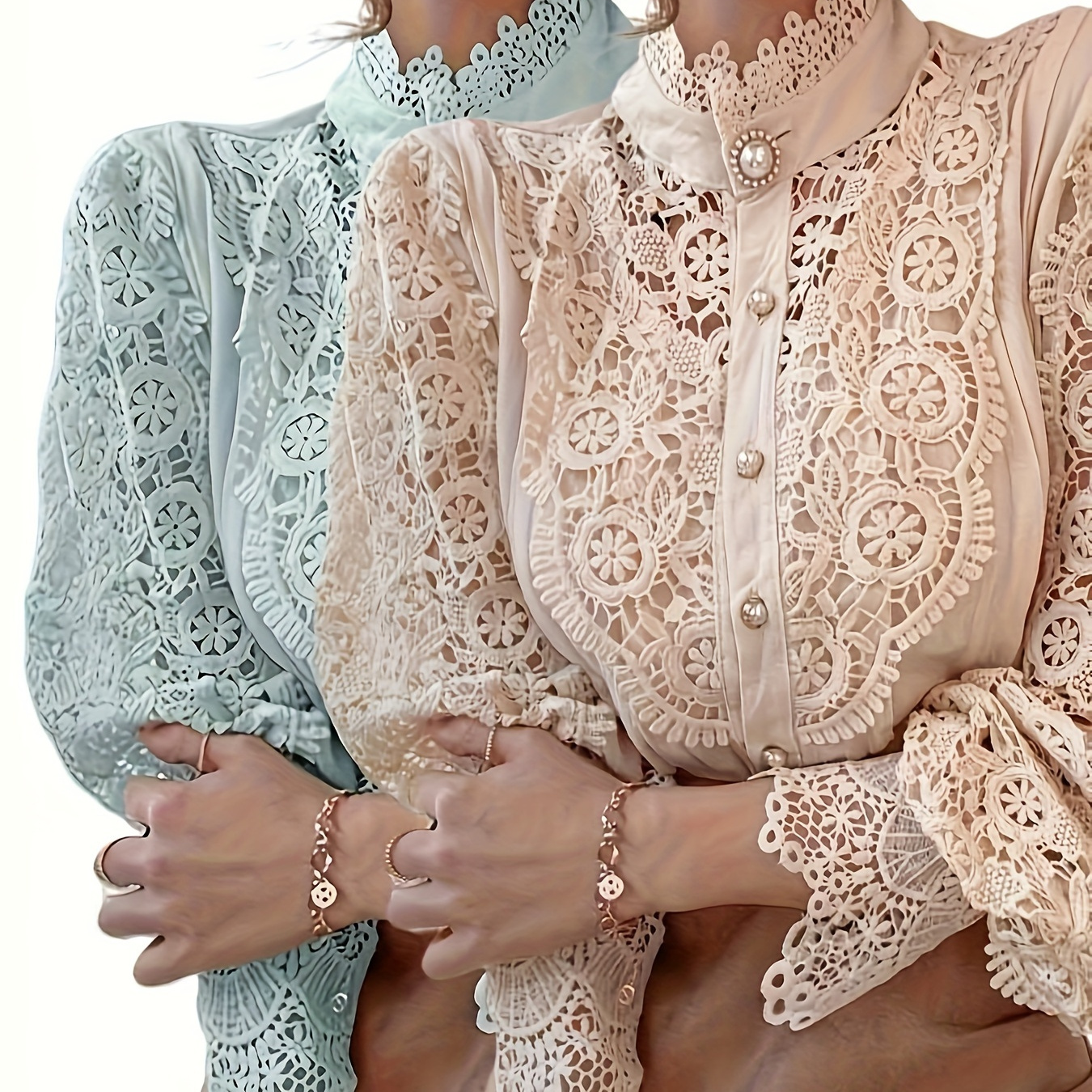 

2pcs Women's Shirt Heavy Duty Lace Hollow Flower Long Sleeve Lace Standing Collar Single Row Button Piece Set