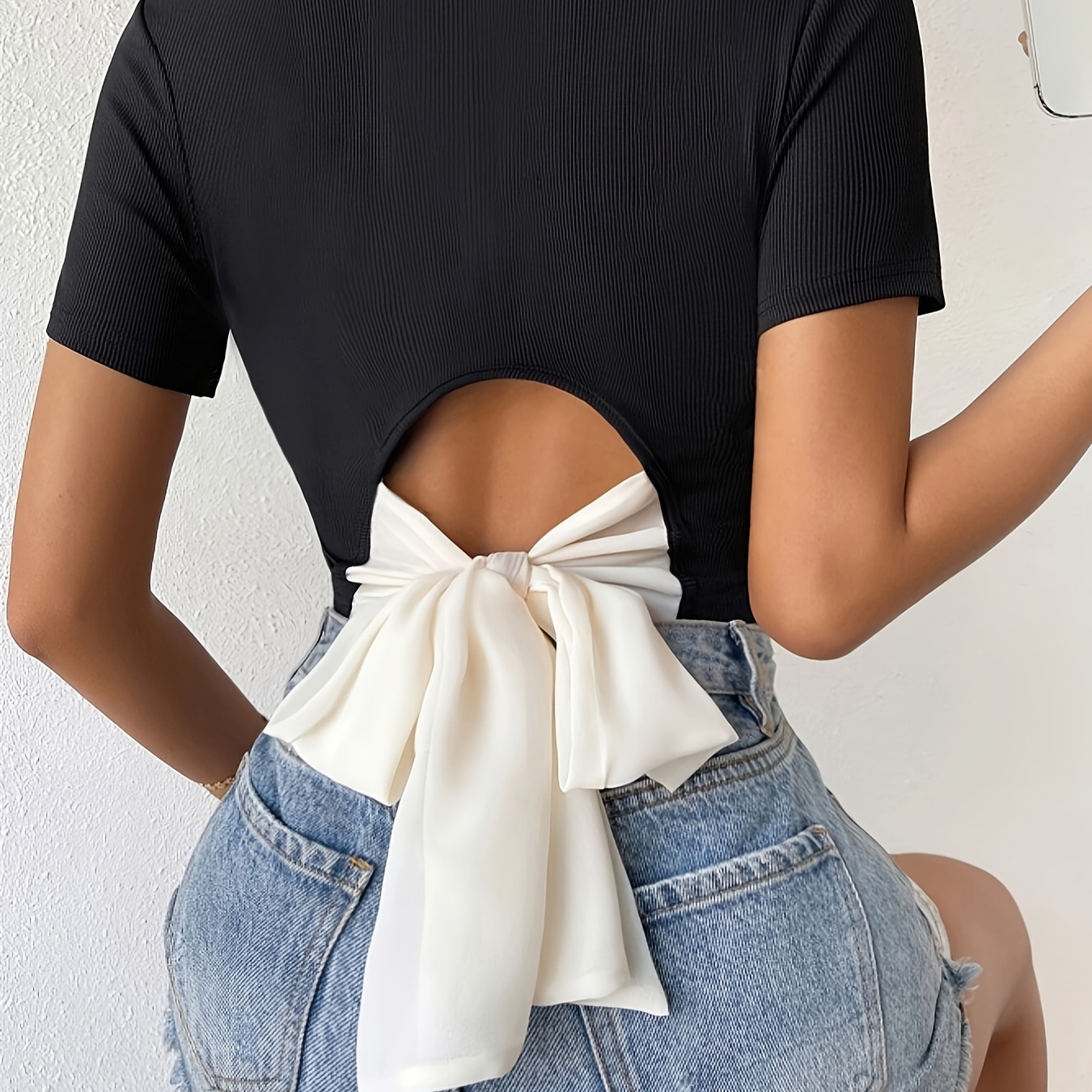 

Color Block Knot Back Crop Top, Stylish Short Sleeve Crew Neck Slim Top For Spring & Summer, Women's Clothing