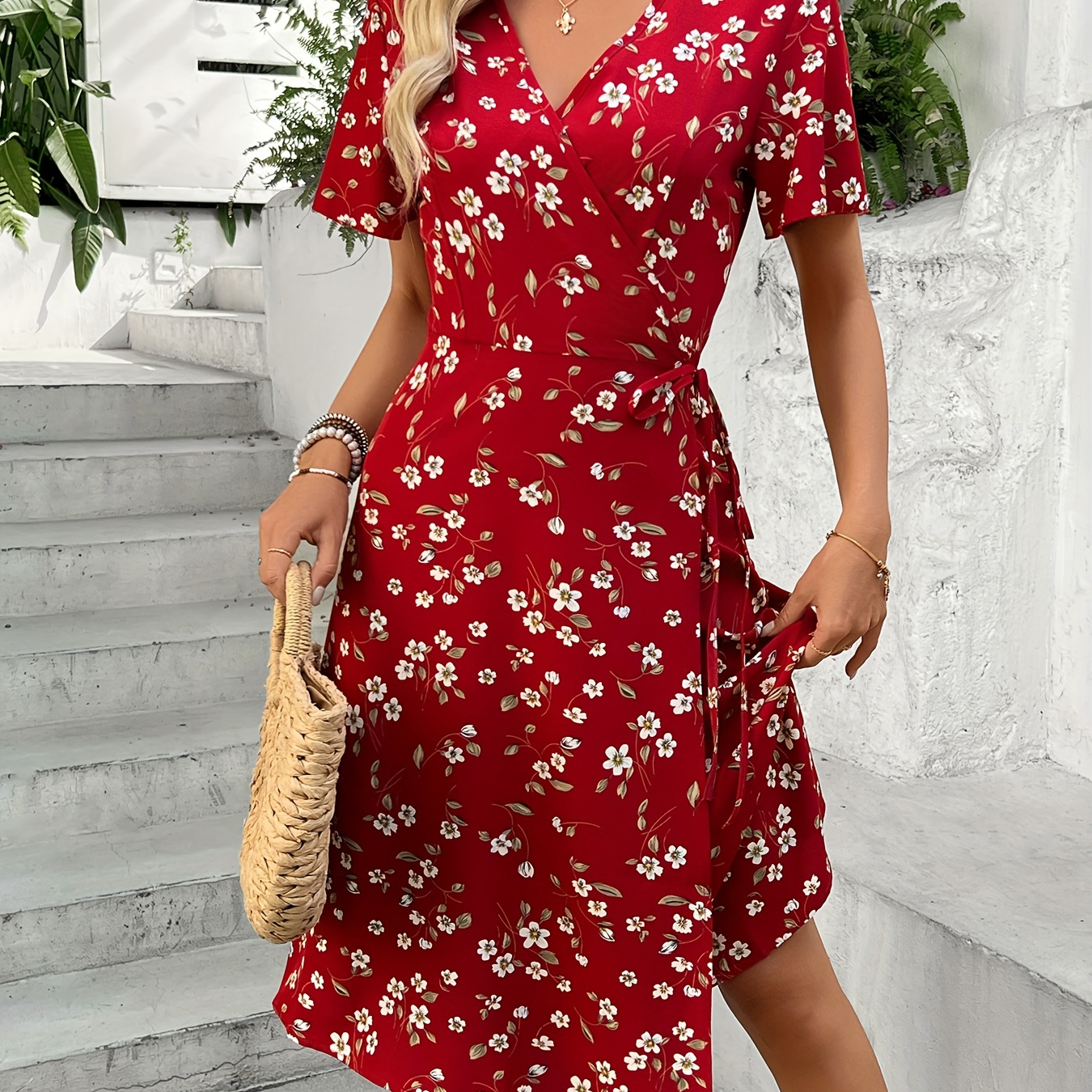 

Chic Floral Wrap Dress With Sleeves - V-neck, Non-stretch Polyester , Spring/fall Vacations