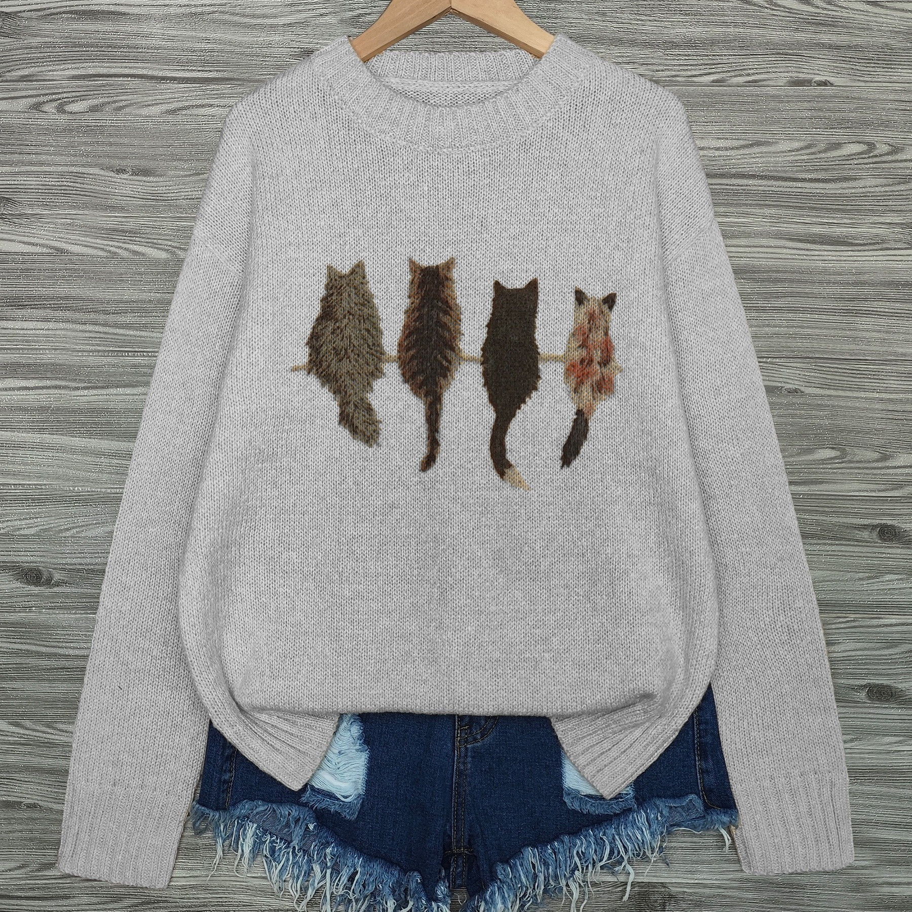 

Women's Casual Crew Neck Knit Sweater With Cat Print, 100% Polyester, Loose Fit Pullover For Fall/winter