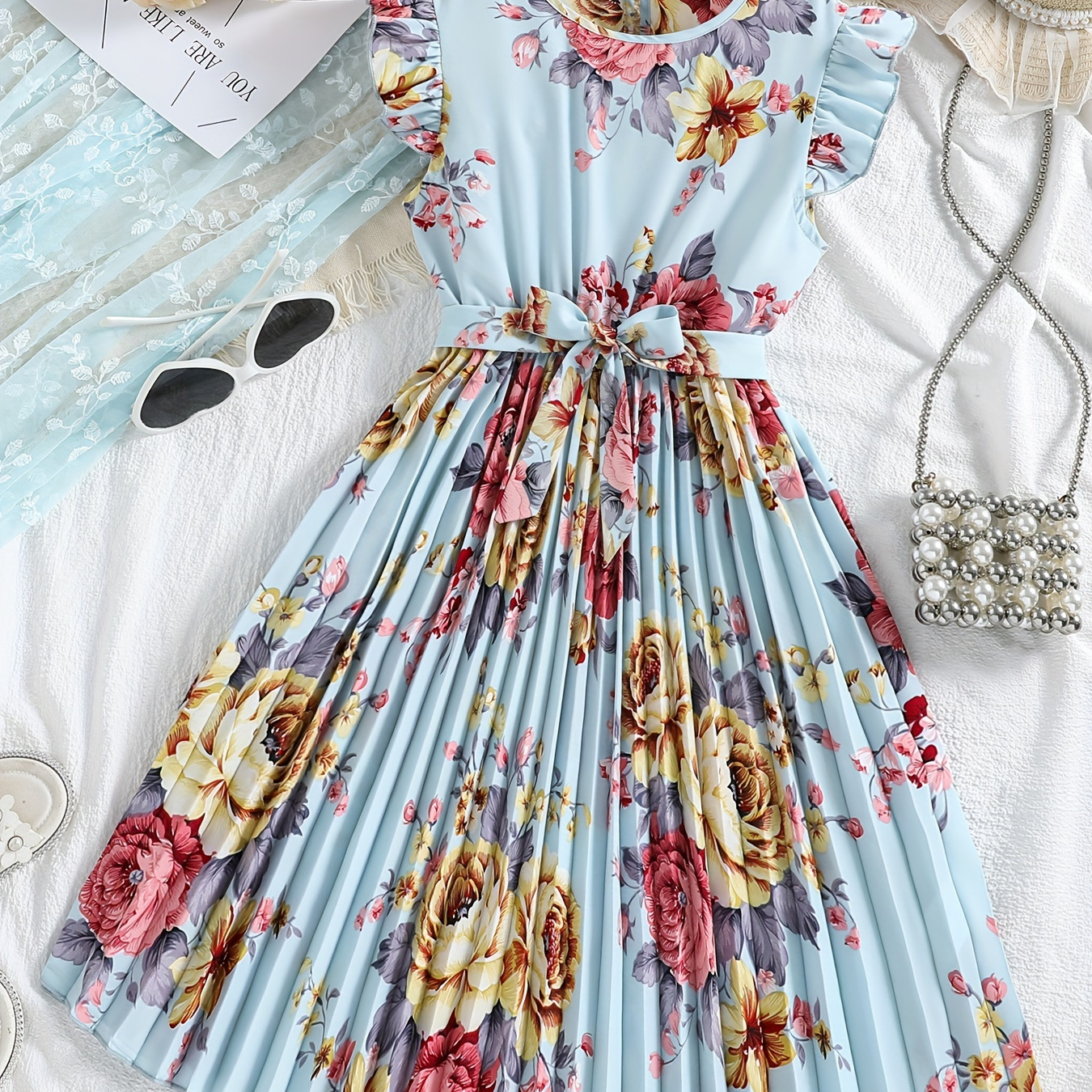 

Elegant Girls Pleated Floral Dress, Casual Strapped Dresses For Summer Holiday Party Gift