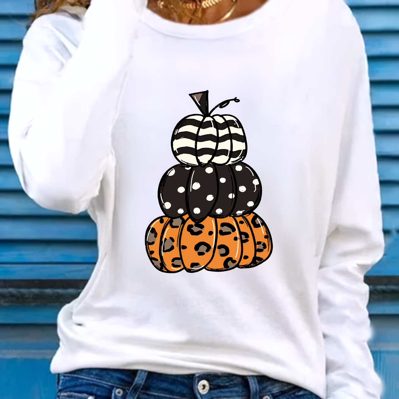 

Pumpkin Print Long Sleeve Crew Neck T-shirt, Casual Polyester Knit Fabric Top With Medium Stretch, Crew Neck, Regular Fit - Fall/