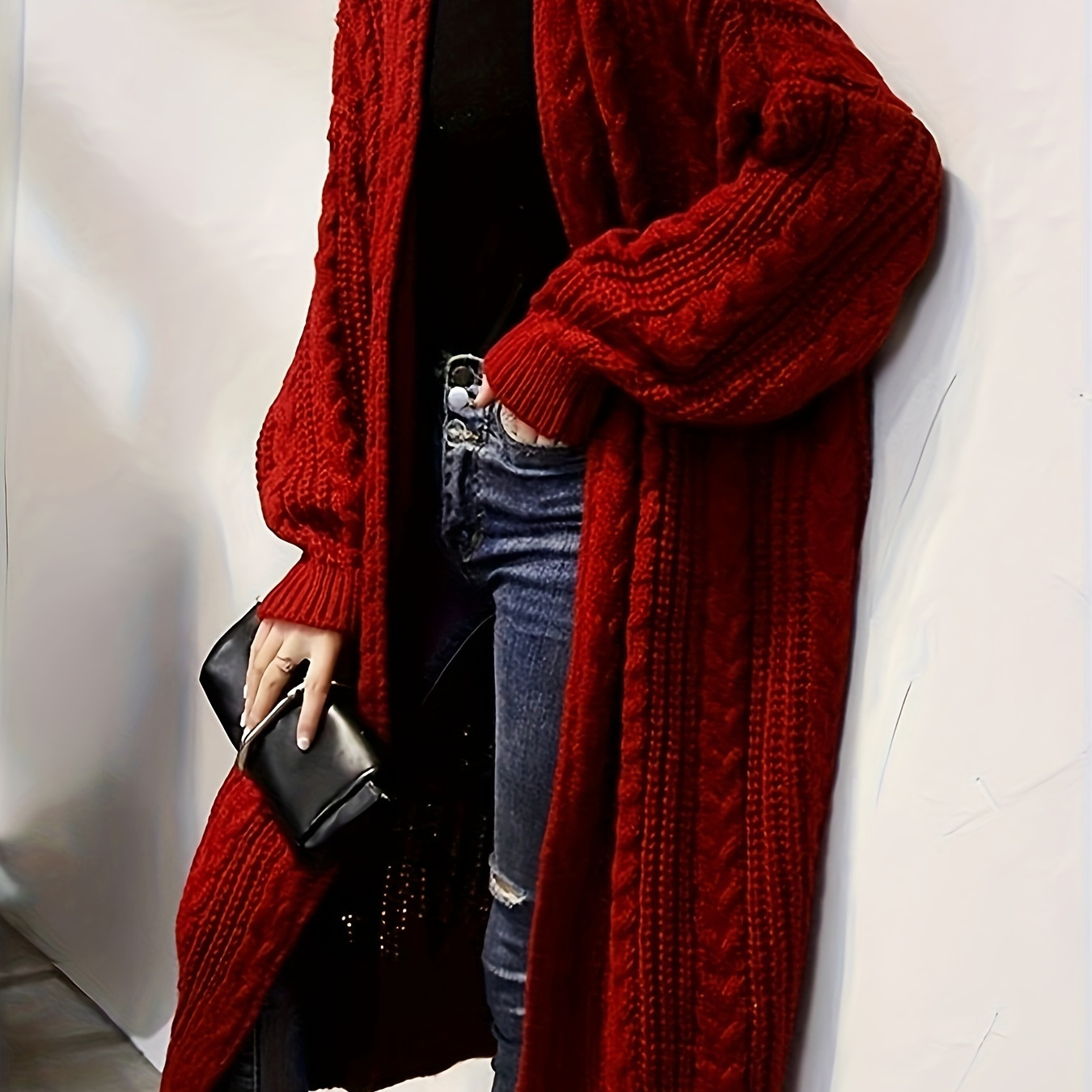 

Cable Knit Open Front Cardigan, Stylish Solid Color Long Sleeve Knitted Cardigan For Fall, Women's Clothing