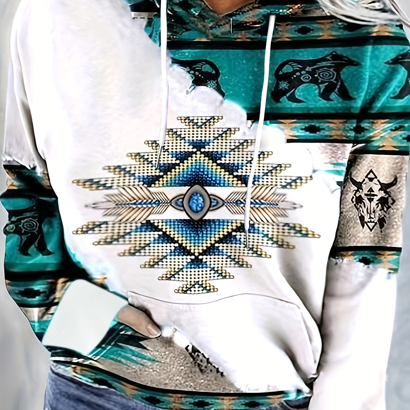 Aztec Print Kangaroo Pocket Hoodie Quarter Zip Long Sleeve - Temu