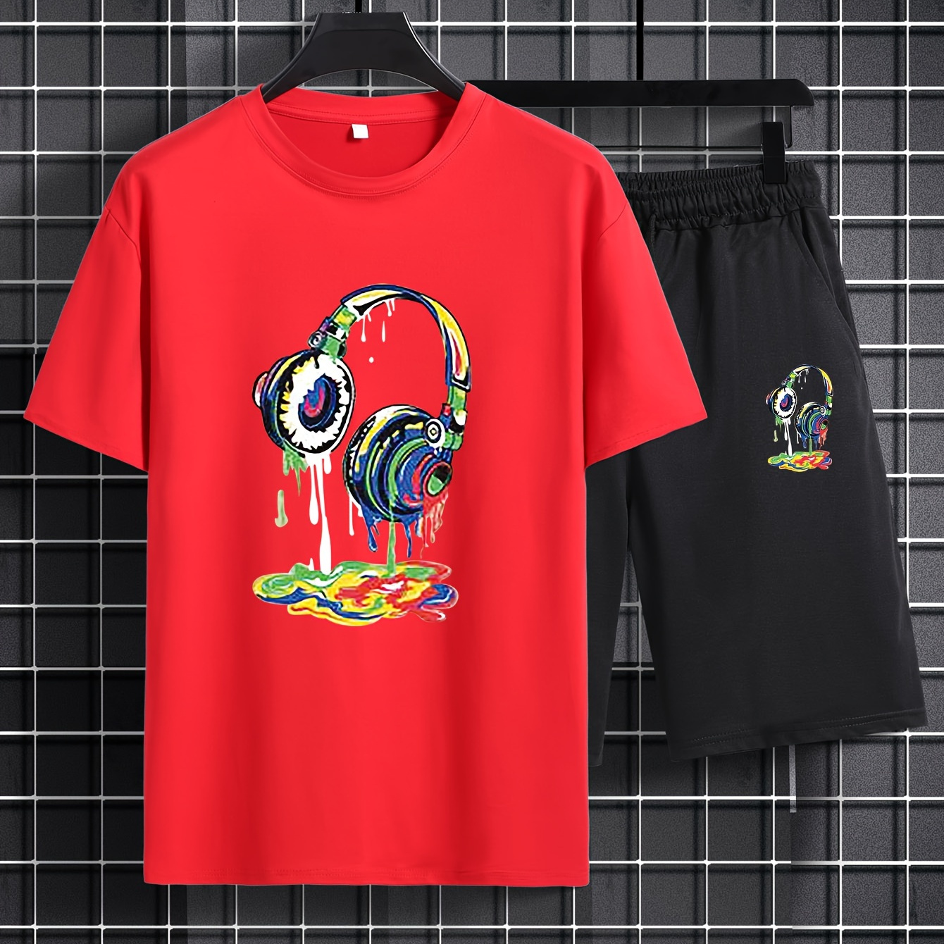 

Plus Size Men's 2pcs, Headset Graphic Print T-shirt & Shorts Set For Summer, Men's Clothing