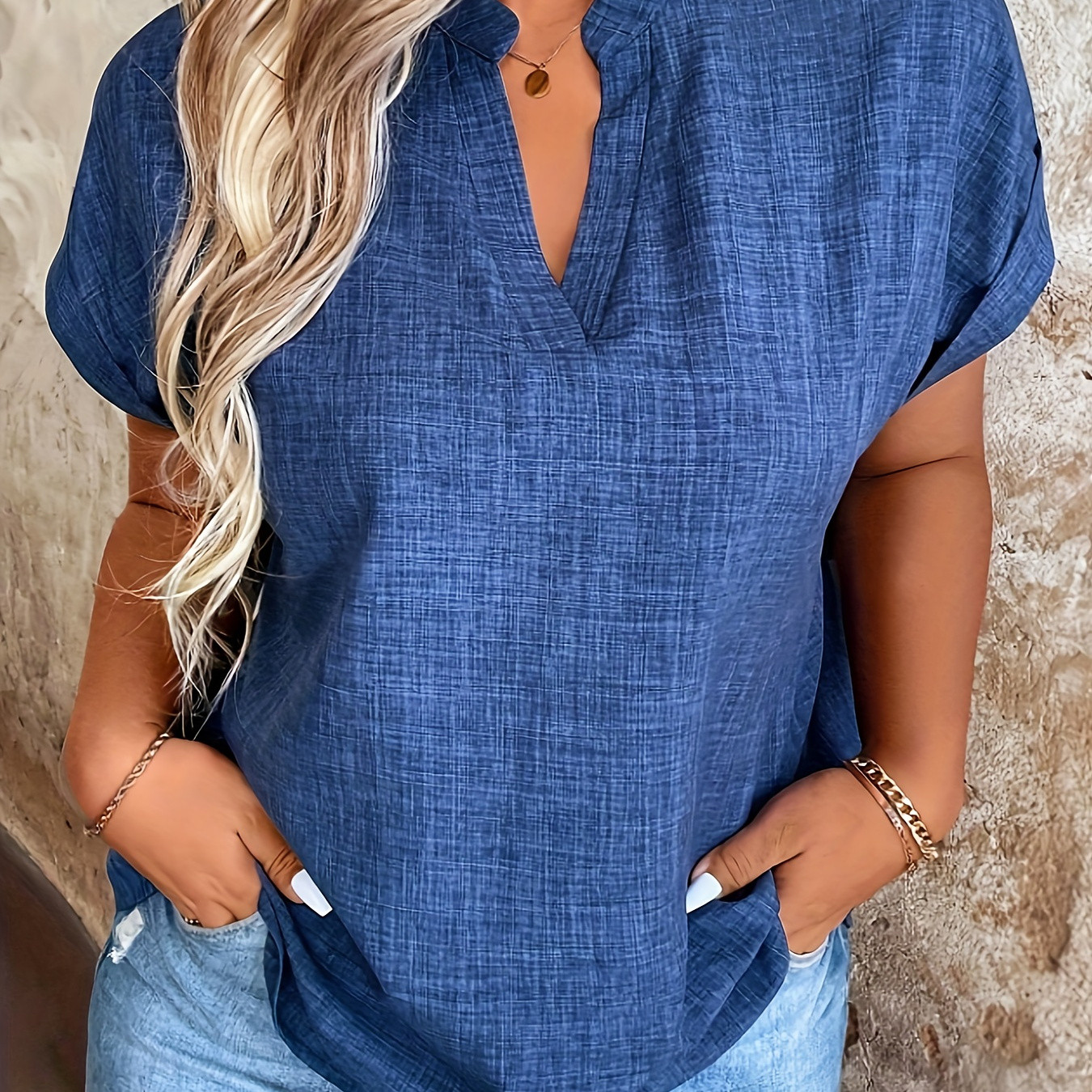 

Solid Color Notch Neck Blouse, Casual Short Batwing Sleeve Top For Spring & Summer, Women's Clothing