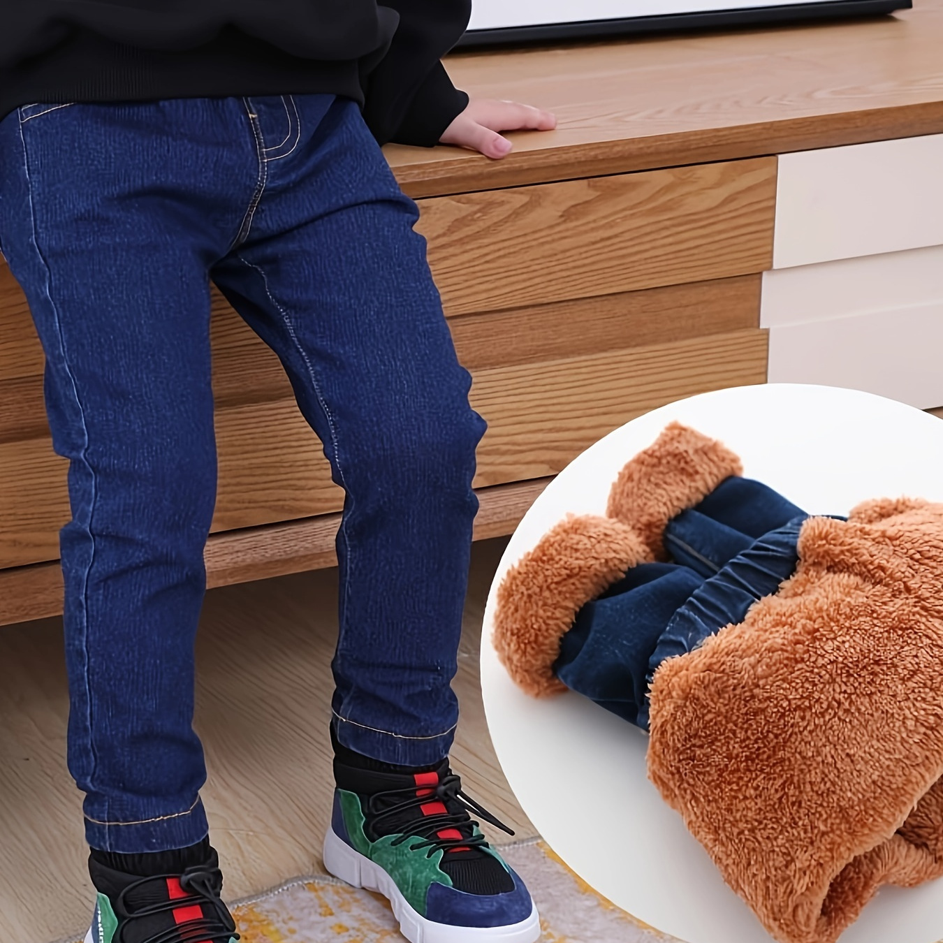 

Boys Casual Thickened And Fleeced Denim Long Pants With Pocket, Kids Clothing For Spring And Autumn Outdoor