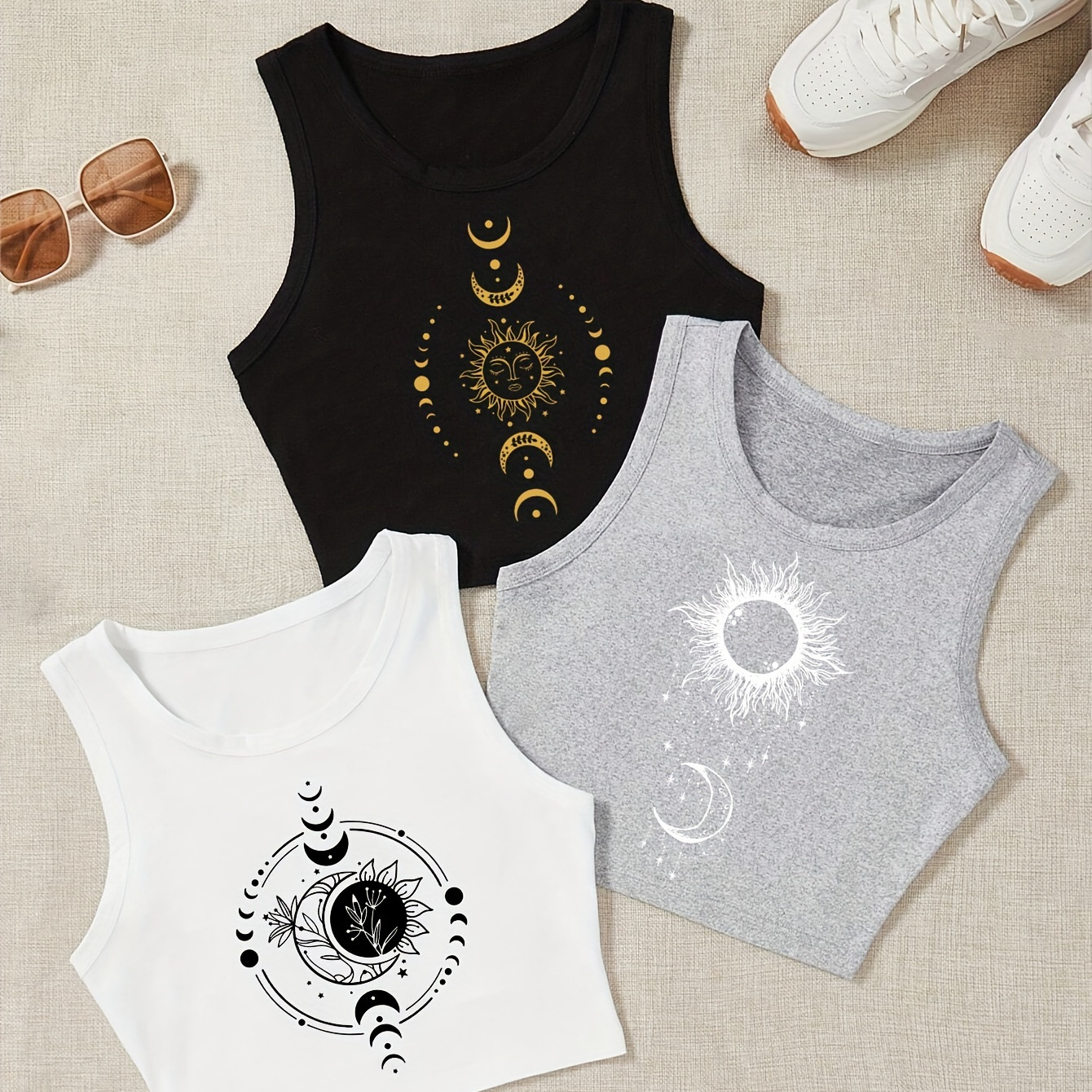 

3 Pack Moon Neck Tank Top, Casual Sleeveless Tank Top For , Women's Clothing