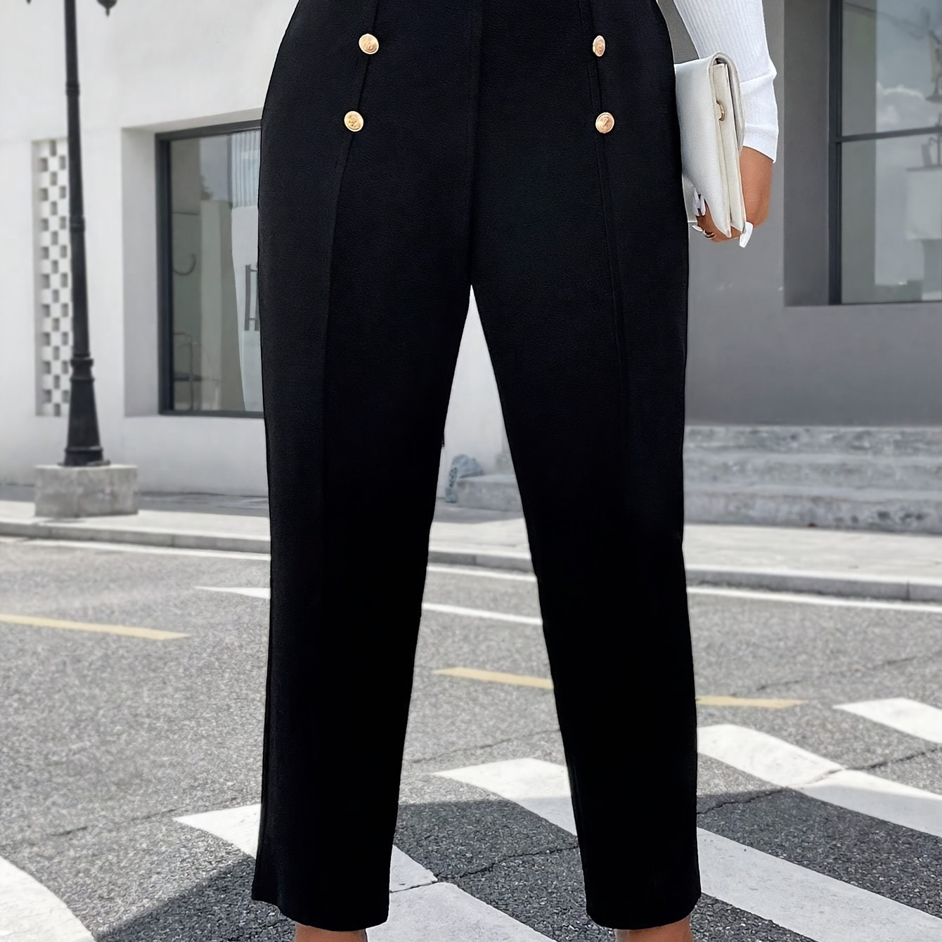 

Plus Size High-waist Casual Straight-leg Pants With Decorative Buttons - Comfortable Polyester , Machine Washable - Elegant Black For Casual Attire